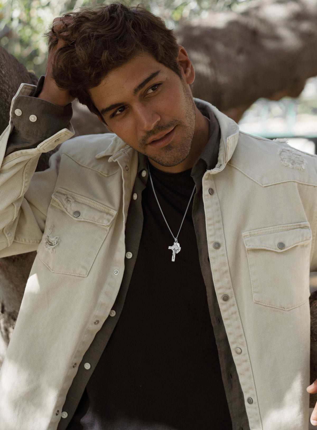 Sterling Silver Cross + Mary Medal Necklace for Men.