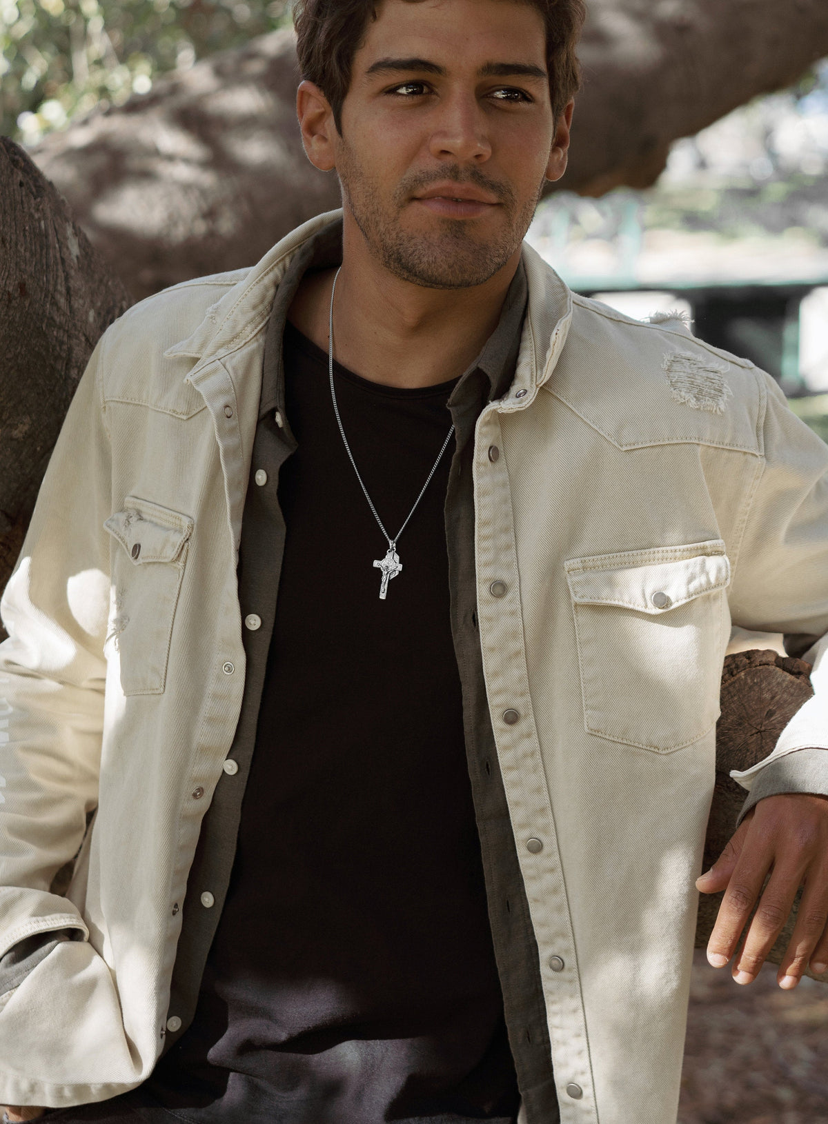 Sterling Silver Cross + Mary Medal Necklace for Men.