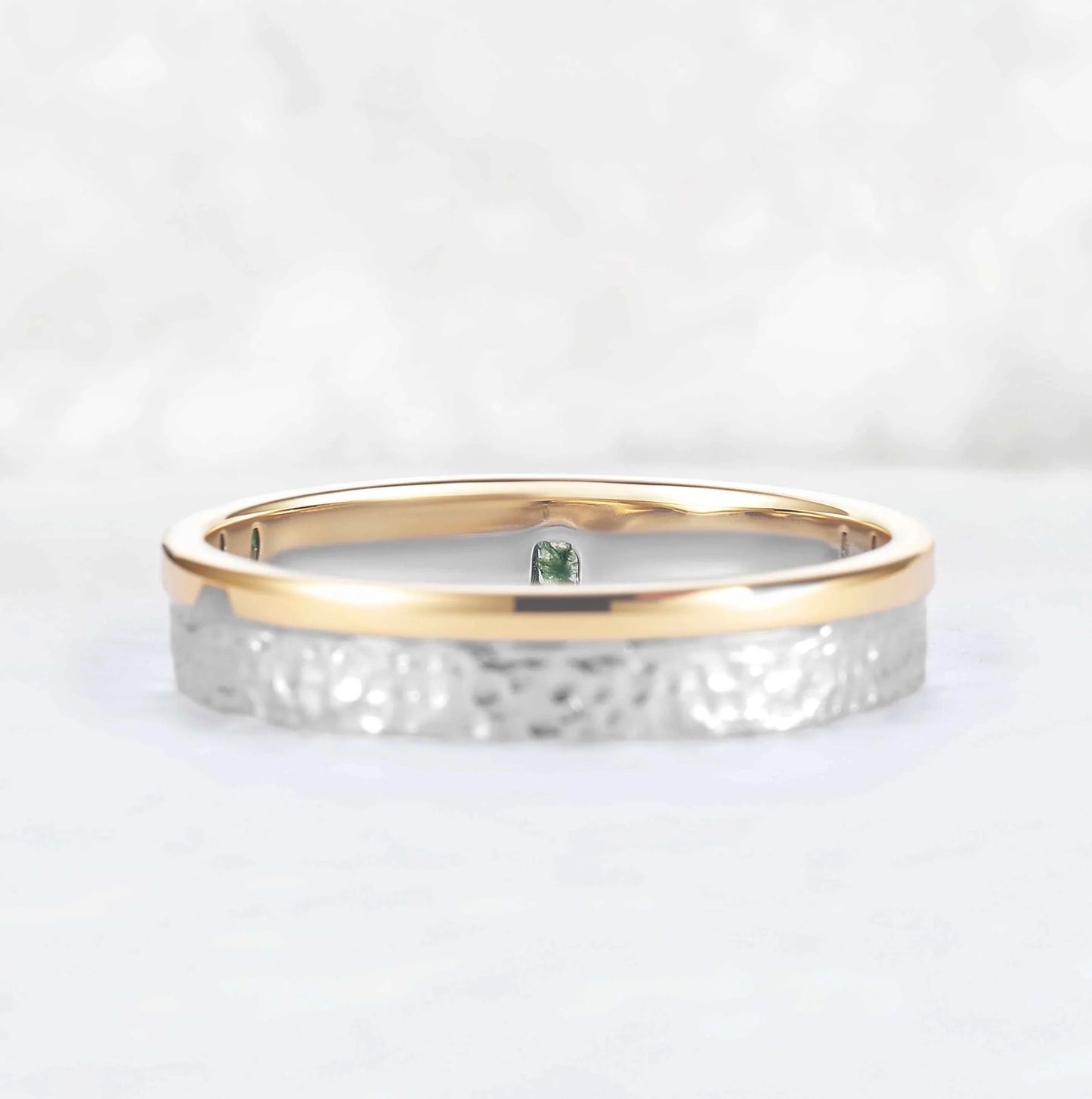 Mens Two Tone Wedding Band with Single Moss Agate Inlay
