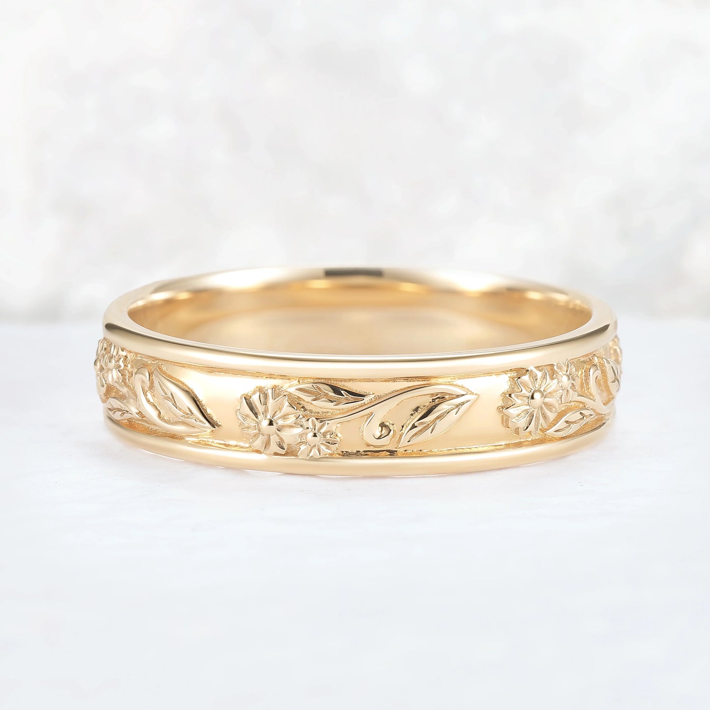 Mens 10K Yellow Gold Wedding Band with Hand-Engraved Flowers