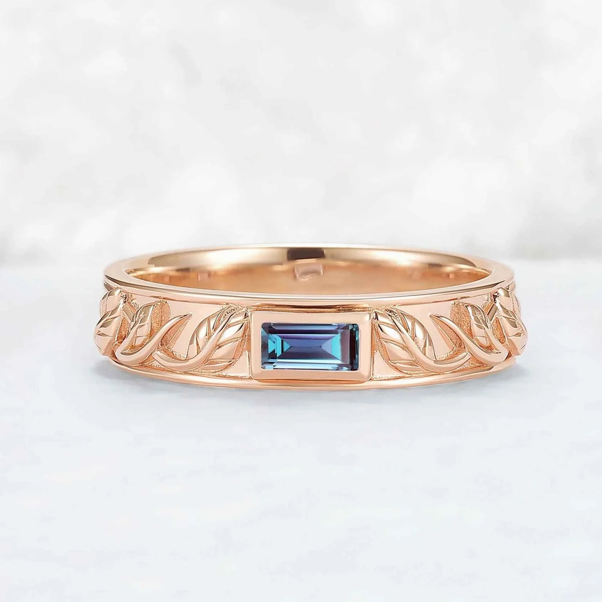 Mens Baguette Cut Alexandrite Stone Leafy Wedding Band