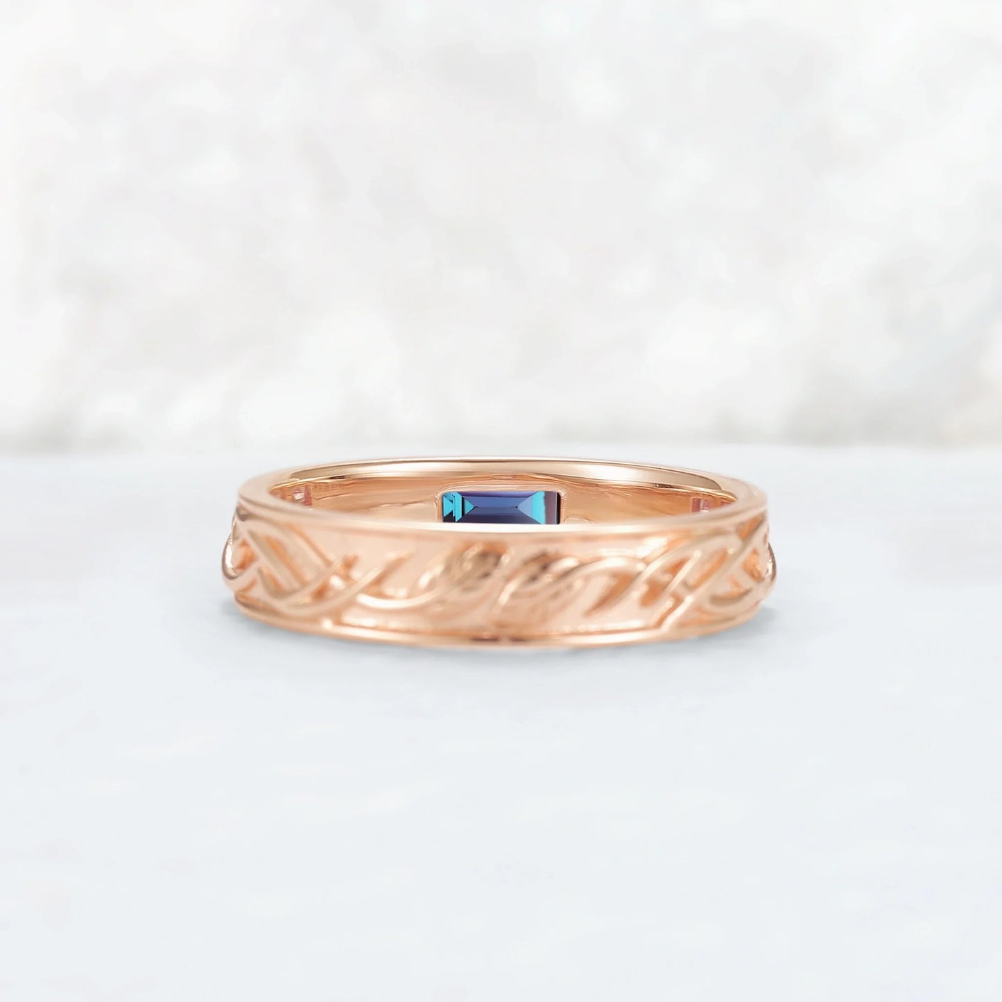 Mens Baguette Cut Alexandrite Stone Leafy Wedding Band