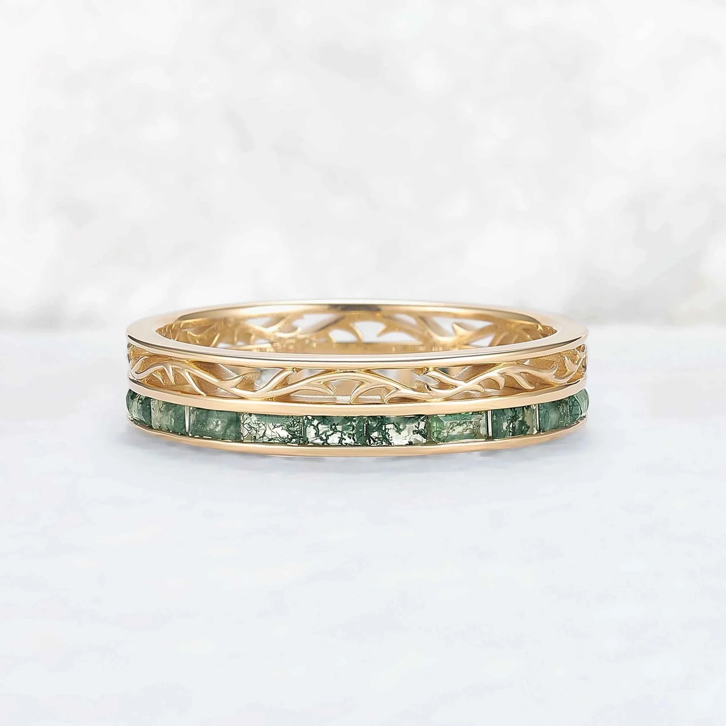 Mens Baguette Cut Moss Agate Stone Twist Wedding Ring