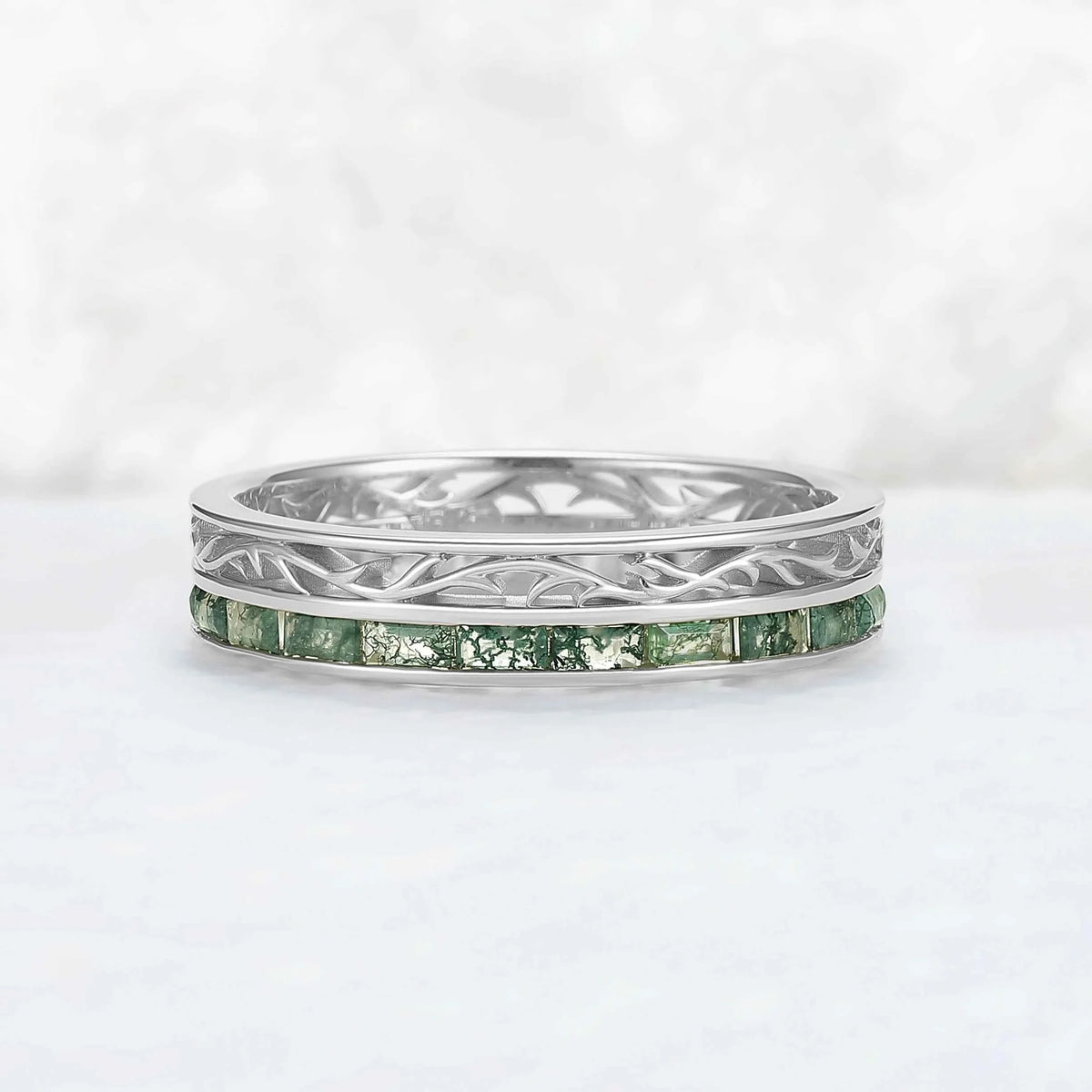 Mens Baguette Cut Moss Agate Stone Twist Wedding Ring