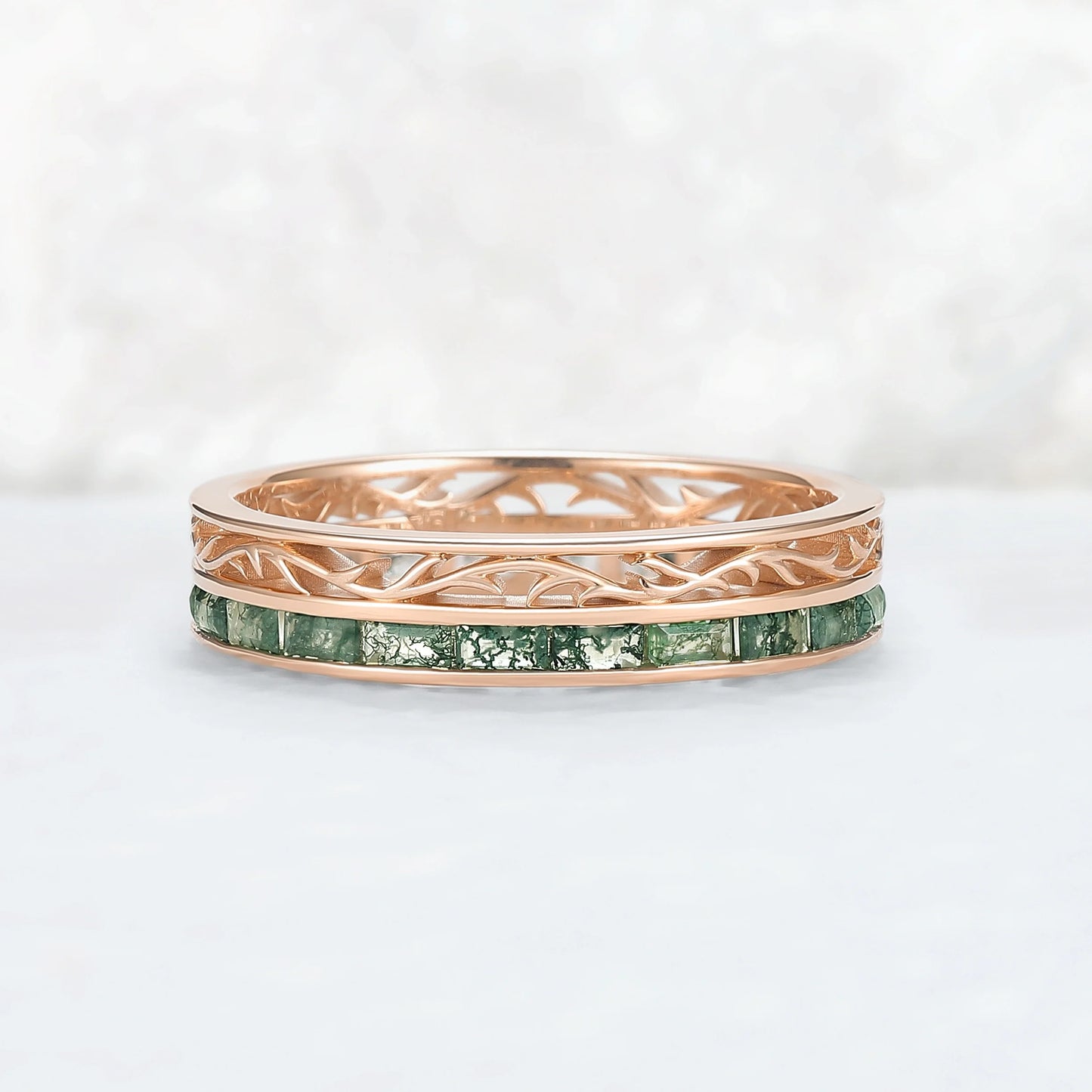 Mens Baguette Cut Moss Agate Stone Twist Wedding Ring