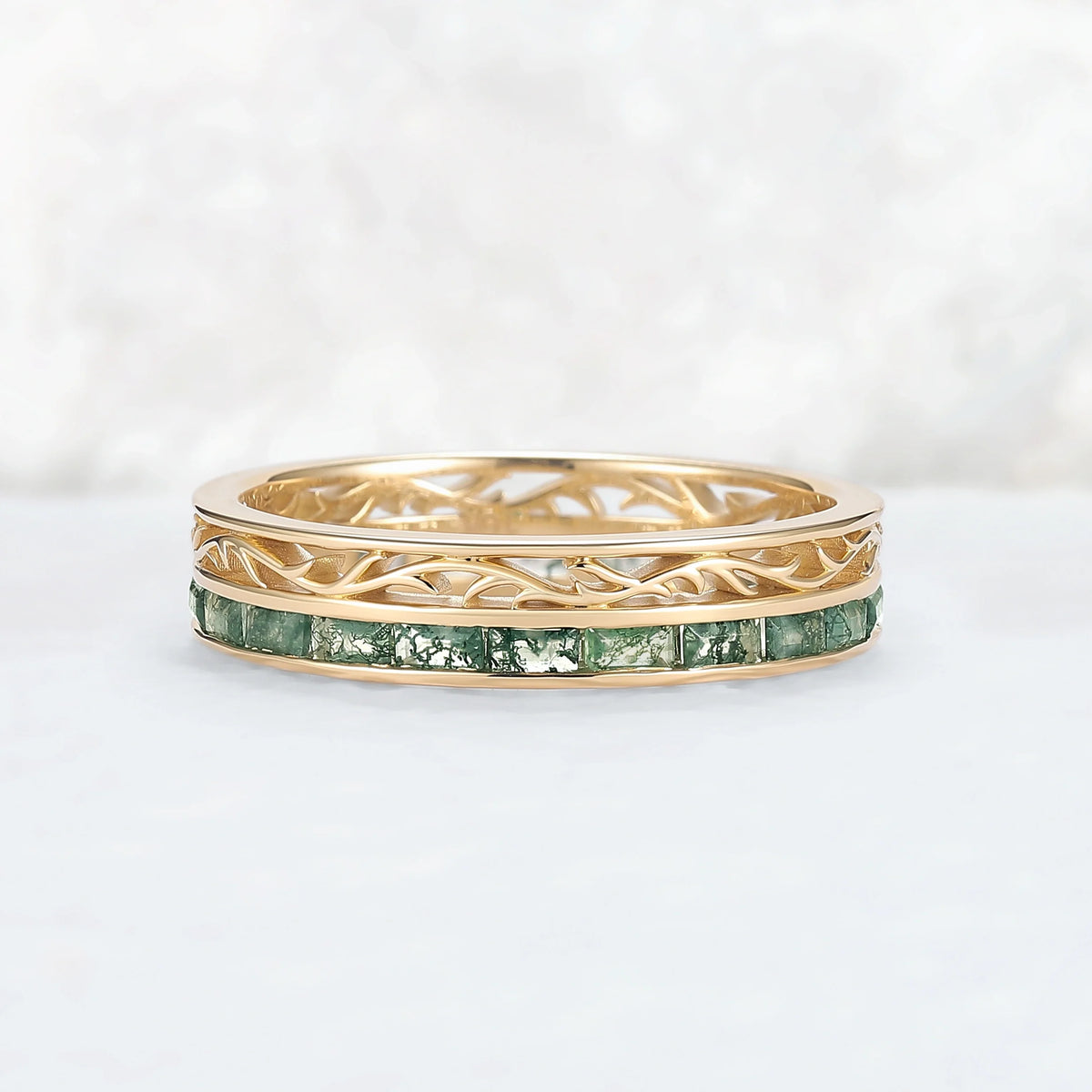 Mens Baguette Cut Moss Agate Stone Twist Wedding Ring