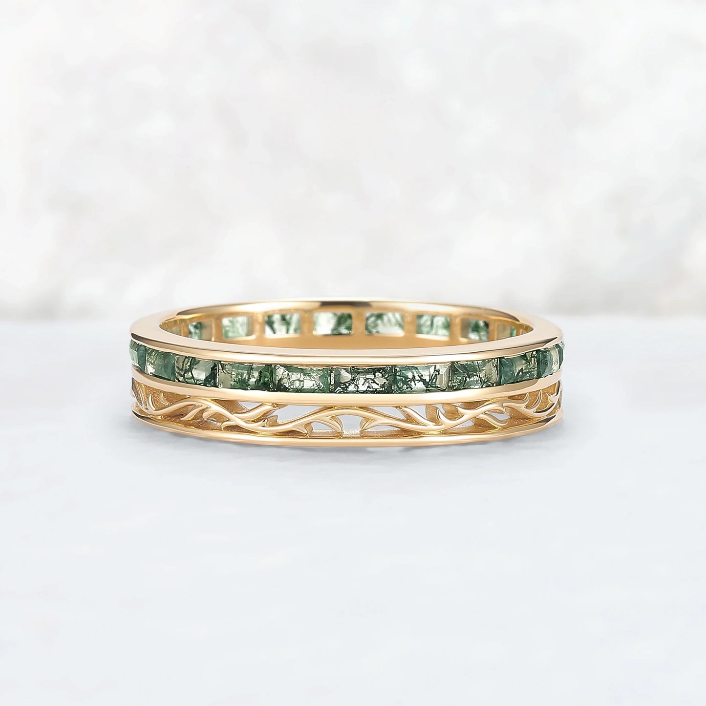 Mens Baguette Cut Moss Agate Stone Twist Wedding Ring