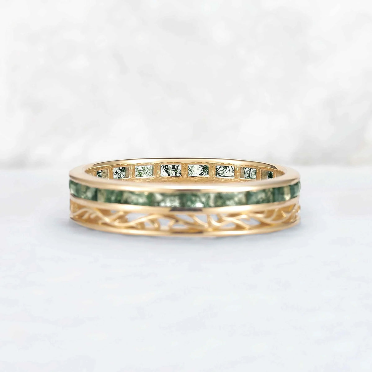 Mens Baguette Cut Moss Agate Stone Twist Wedding Ring