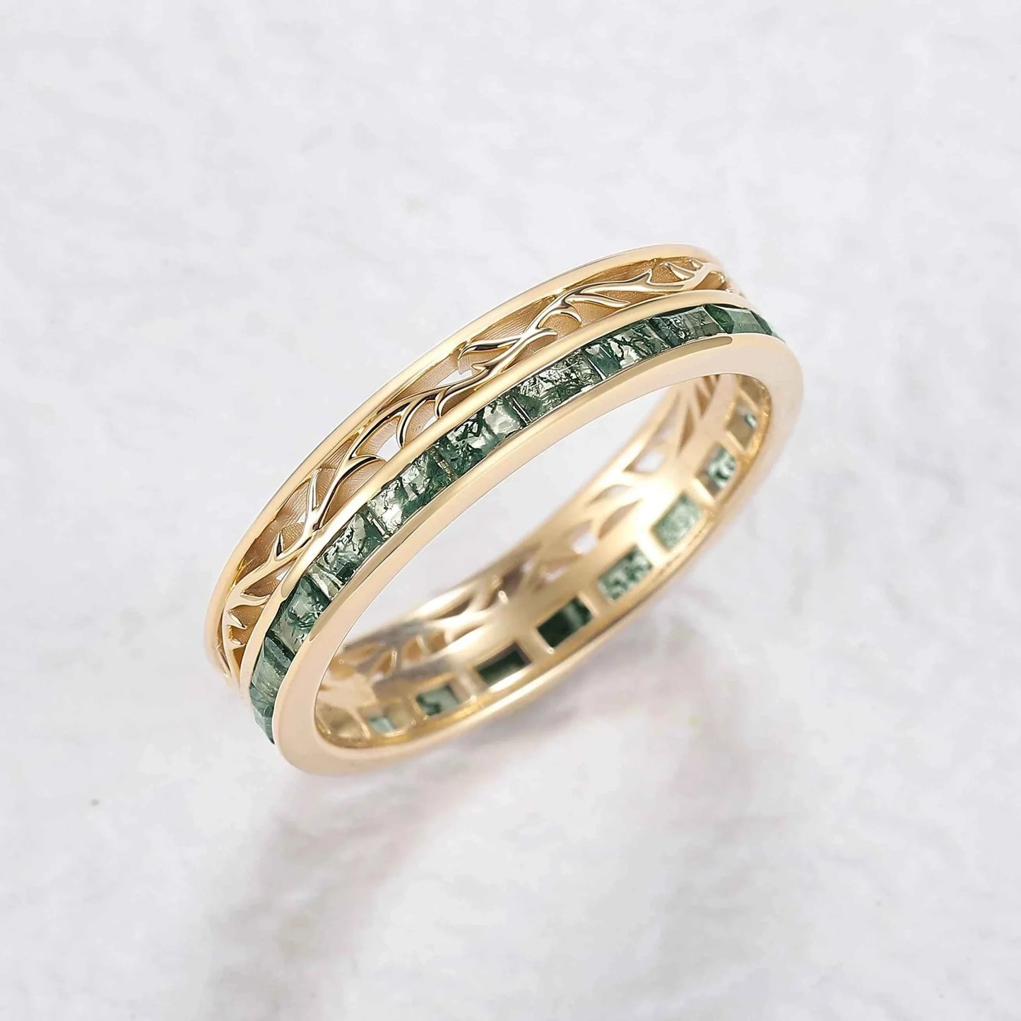 Mens Baguette Cut Moss Agate Stone Twist Wedding Ring