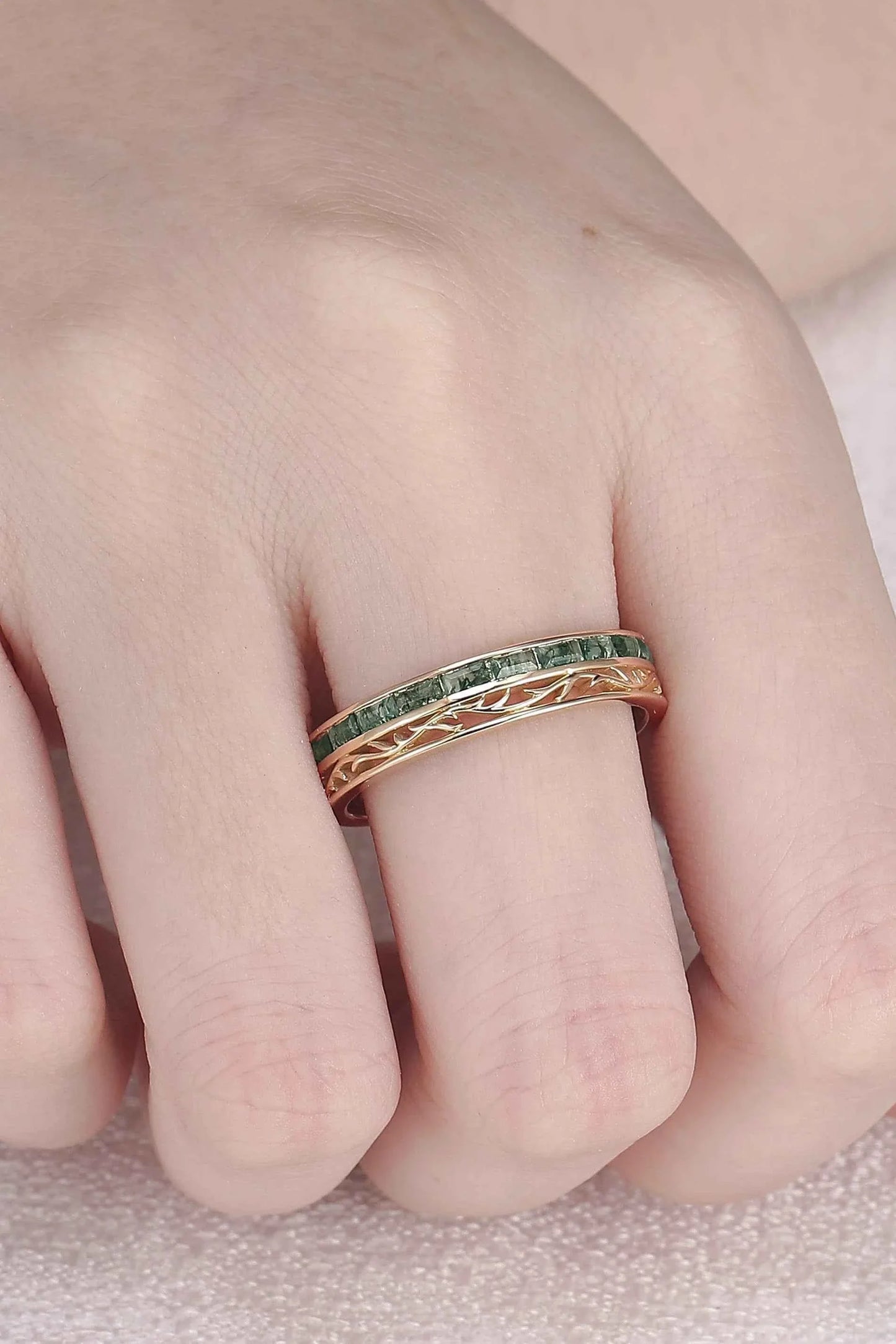 Mens Baguette Cut Moss Agate Stone Twist Wedding Ring