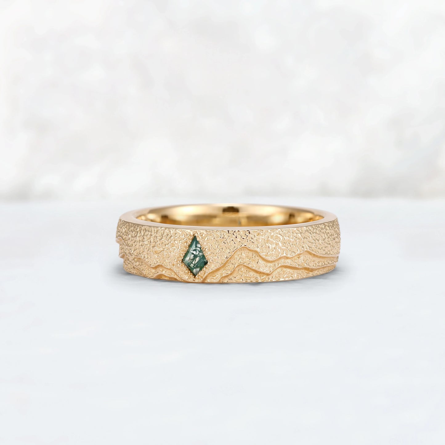 Mens Kite Cut Moss Agate Stone Mountain Wedding Ring