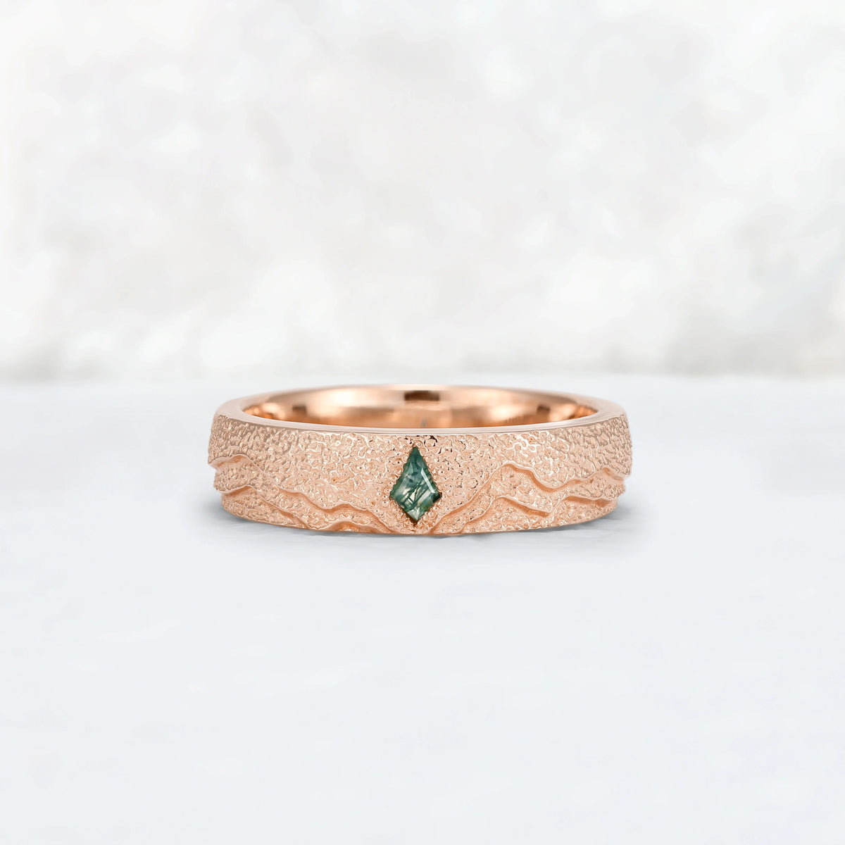 Mens Kite Cut Moss Agate Stone Mountain Wedding Ring