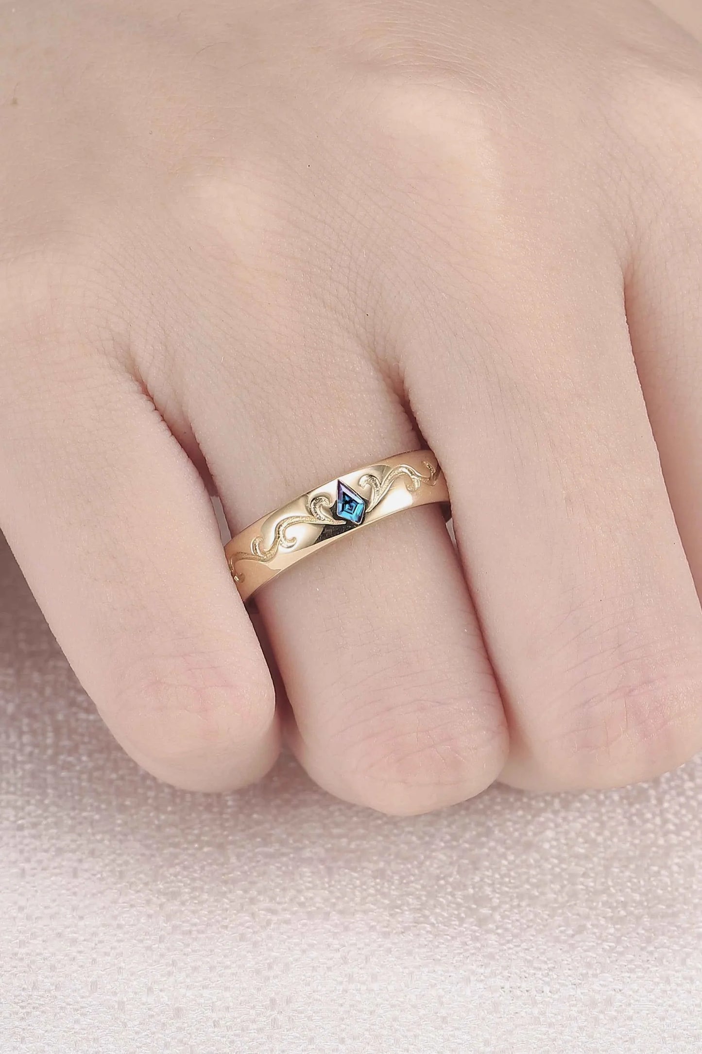 Mens One Stone Wedding Band with Kite Cut Alexandrite Inlay