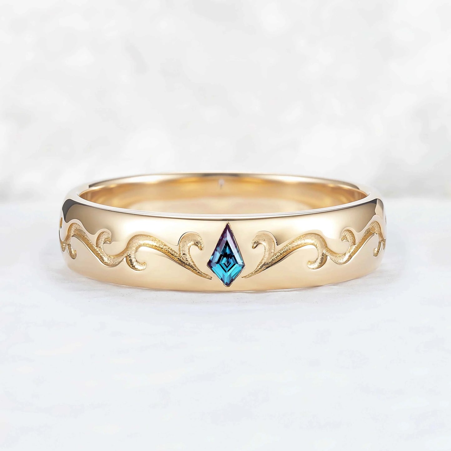 Mens One Stone Wedding Band with Kite Cut Alexandrite Inlay