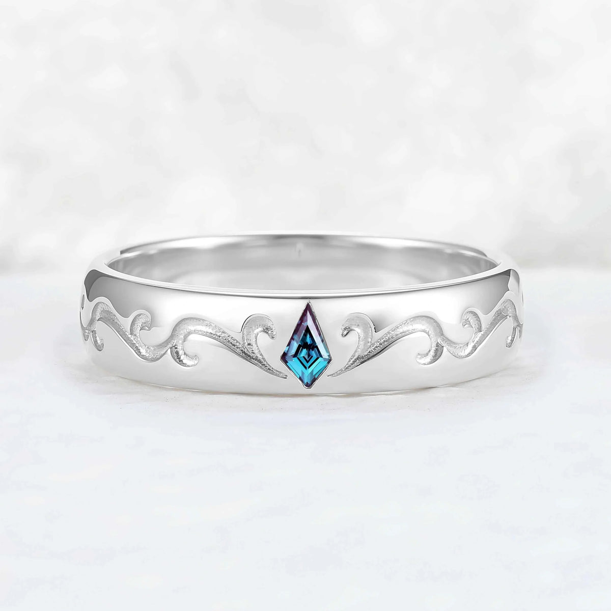Mens One Stone Wedding Band with Kite Cut Alexandrite Inlay