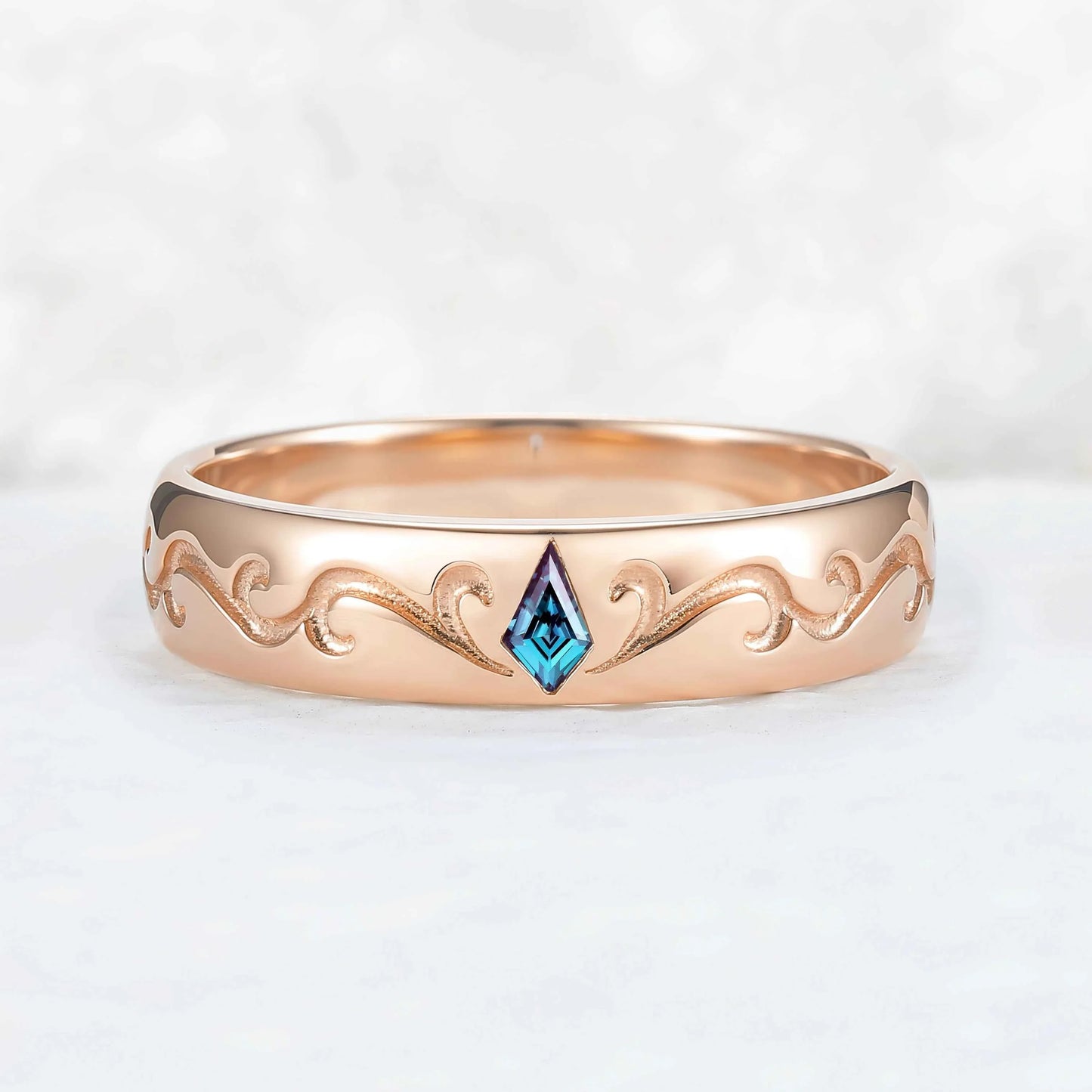 Mens One Stone Wedding Band with Kite Cut Alexandrite Inlay
