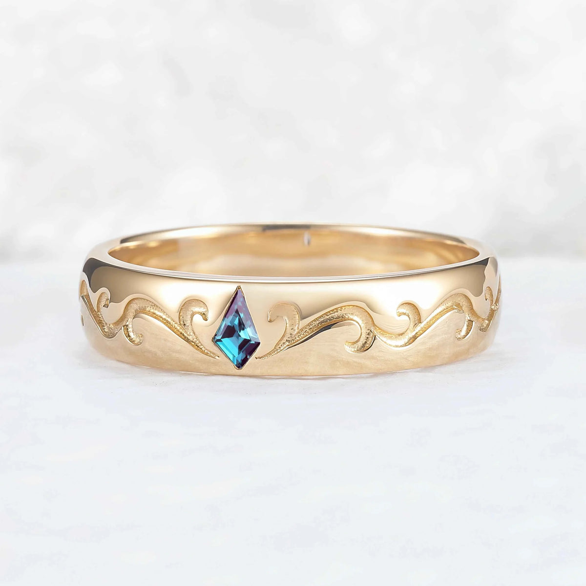Mens One Stone Wedding Band with Kite Cut Alexandrite Inlay