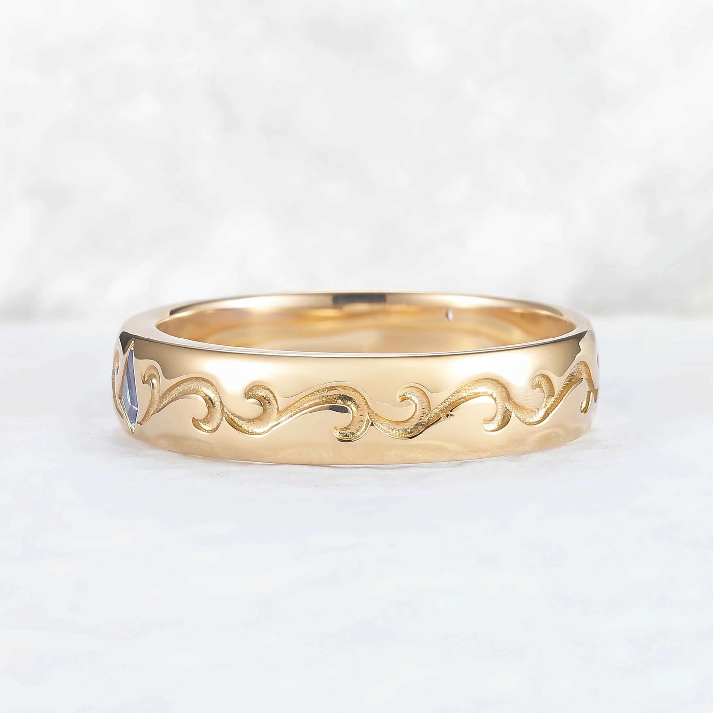 Mens One Stone Wedding Band with Kite Cut Alexandrite Inlay