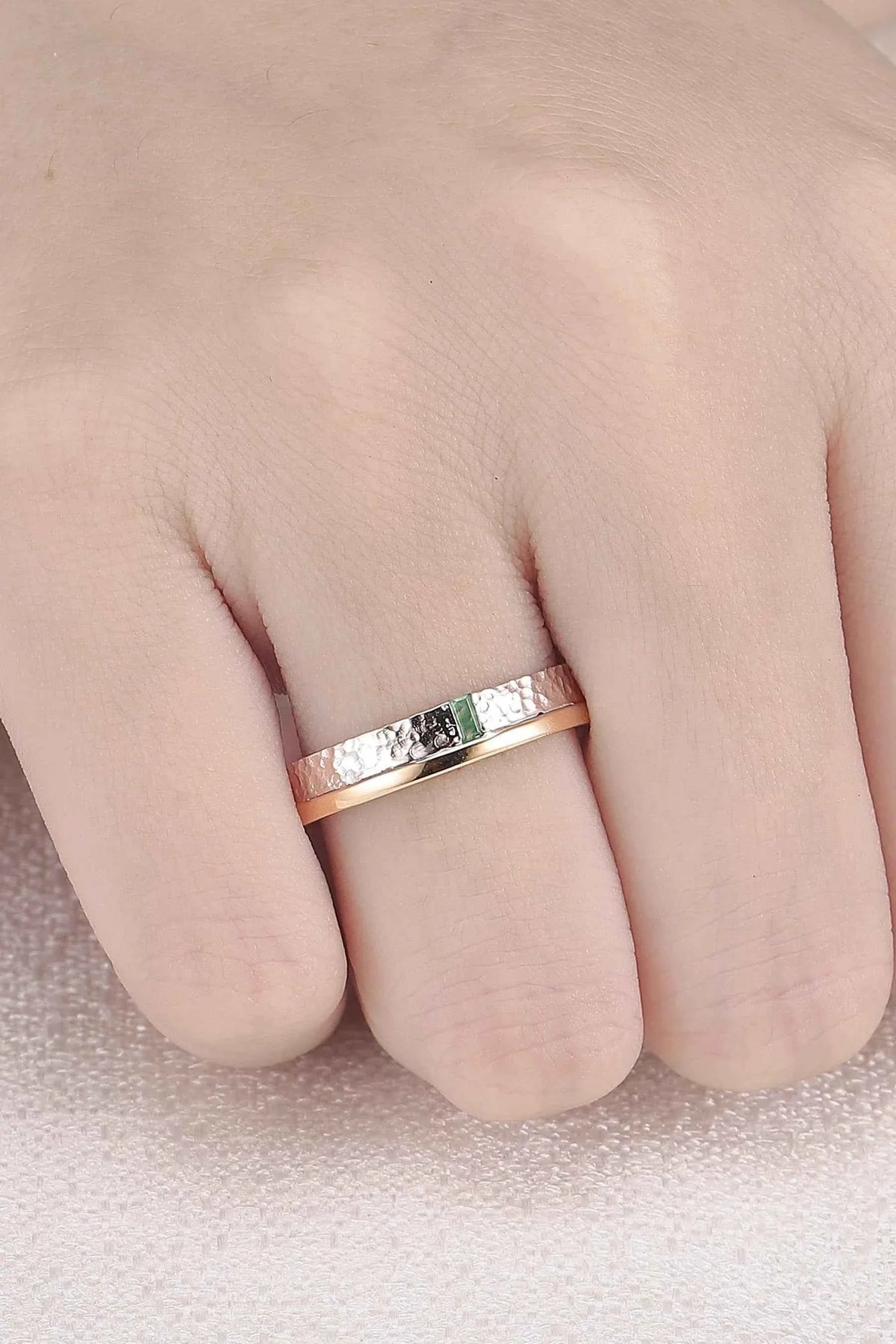 Mens Two Tone Wedding Band with Single Moss Agate Inlay