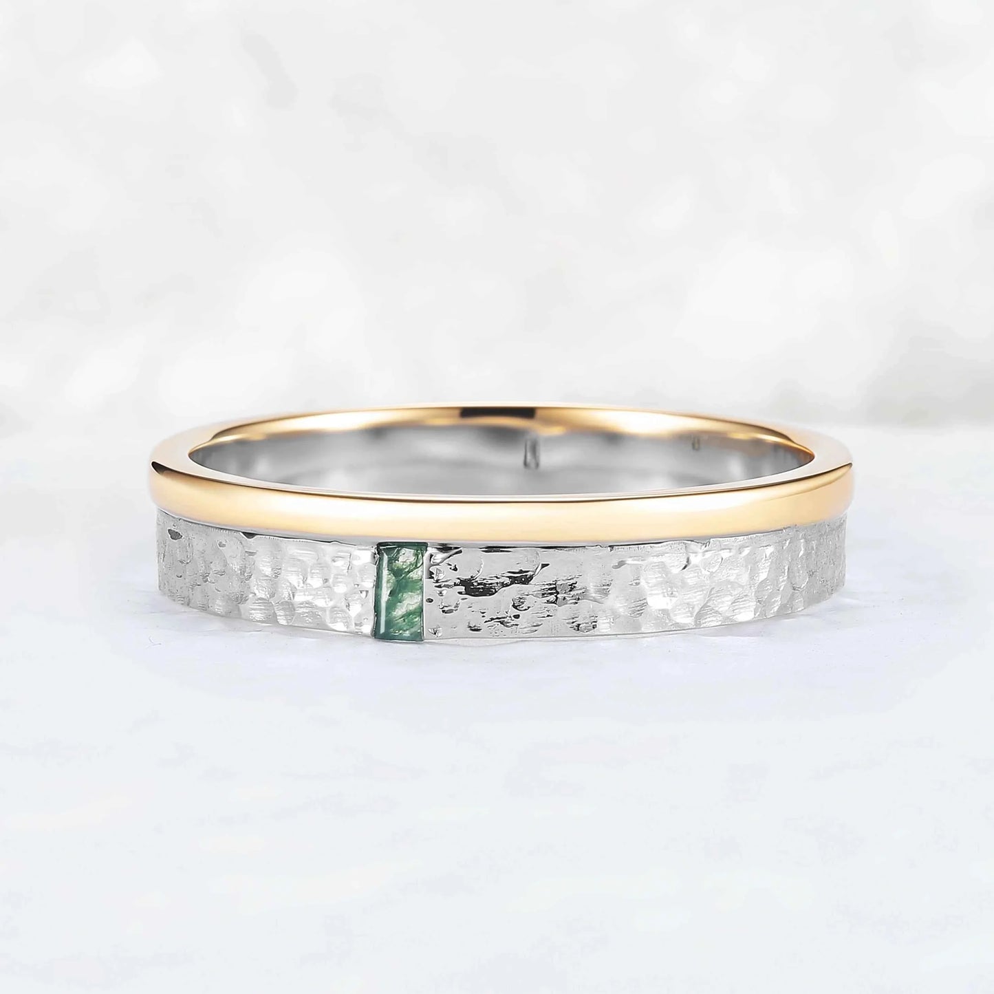 Mens Two Tone Wedding Band with Single Moss Agate Inlay