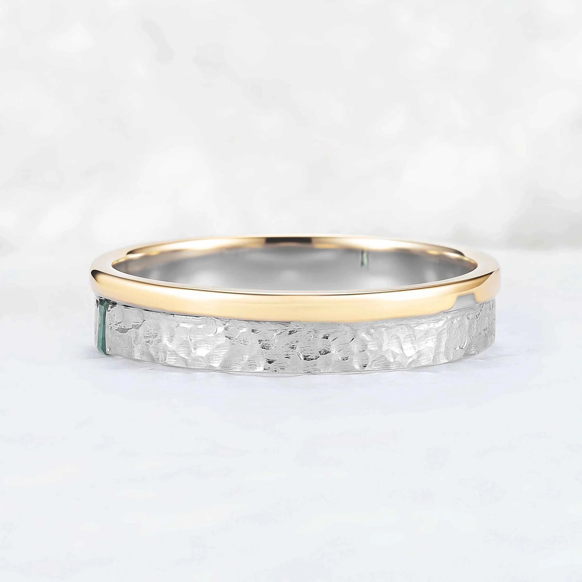 Mens Two Tone Wedding Band with Single Moss Agate Inlay