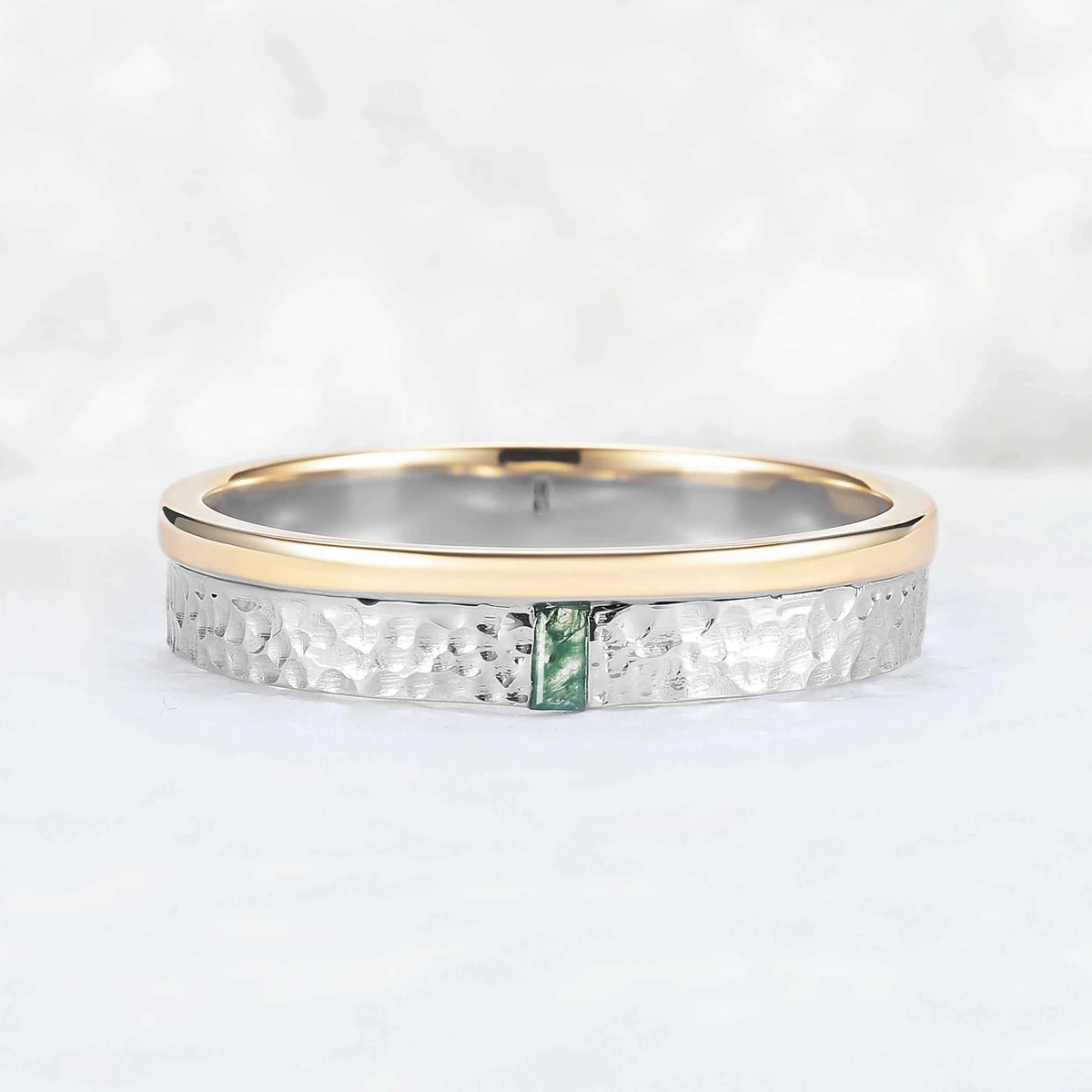 Mens Two Tone Wedding Band with Single Moss Agate Inlay