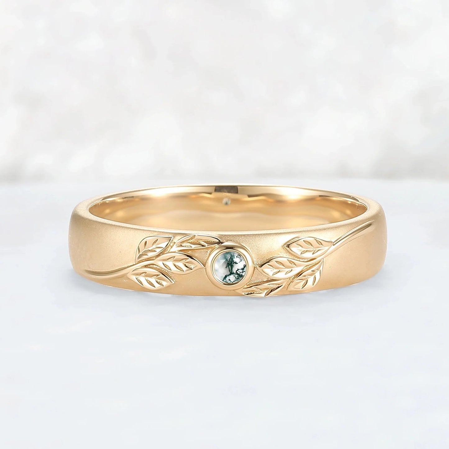 Mens Round Cut Moss Agate Stone Leafy Wedding Band