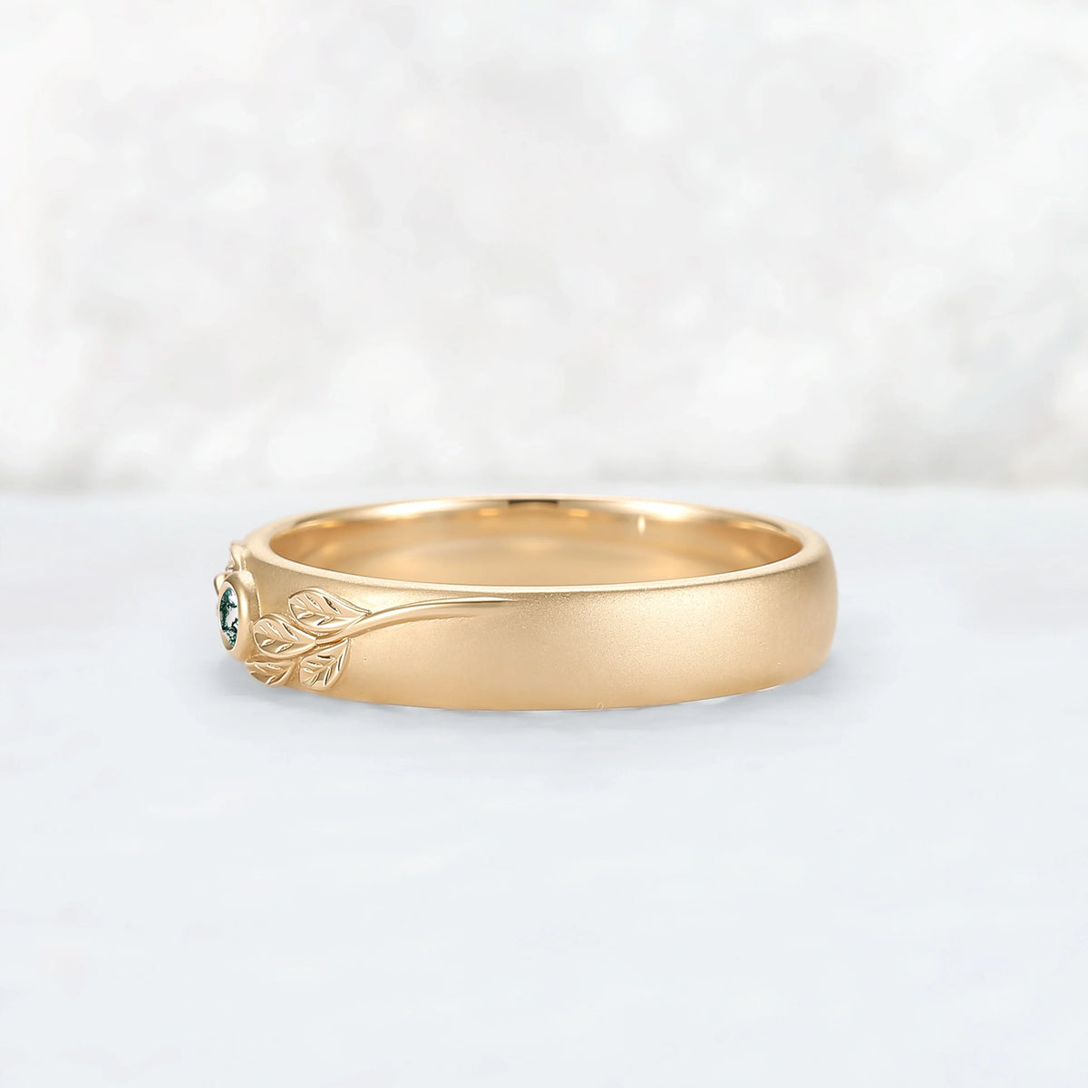 Mens Round Cut Moss Agate Stone Leafy Wedding Band