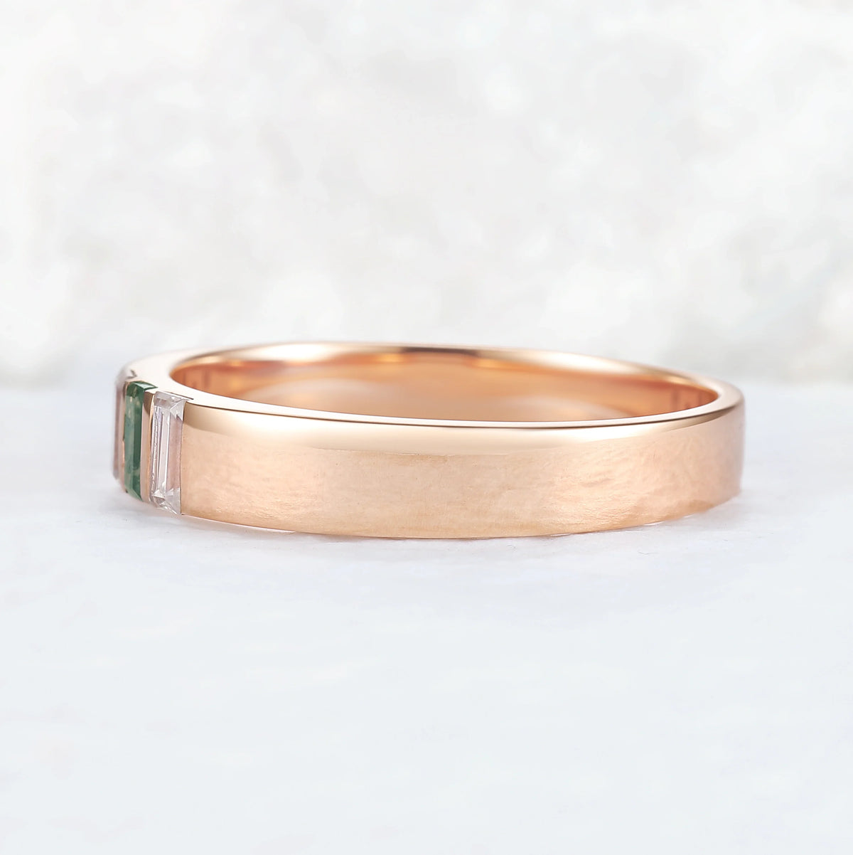 Mens Three Stones Wedding Band with Baguette Cut Moss Agate Inlay