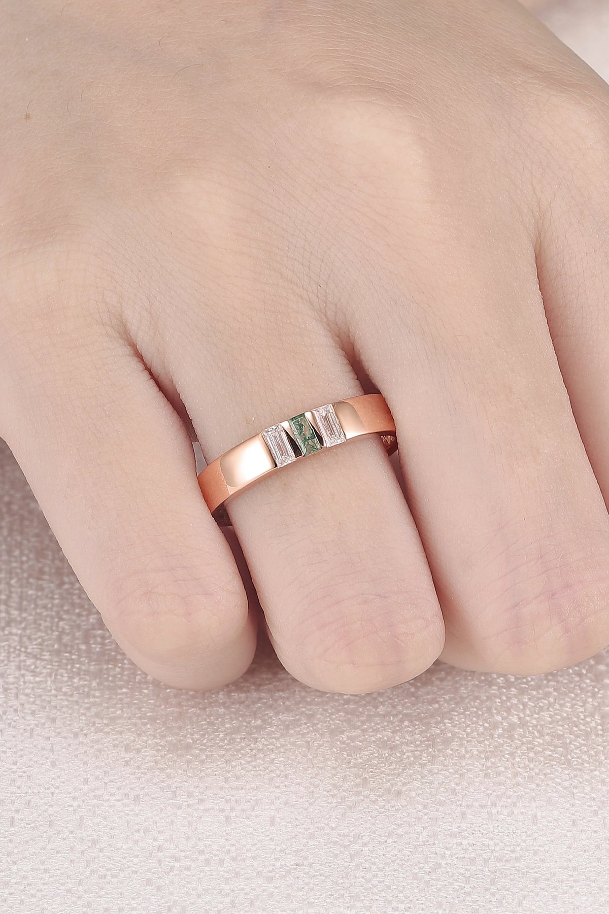 Mens Three Stones Wedding Band with Baguette Cut Moss Agate Inlay