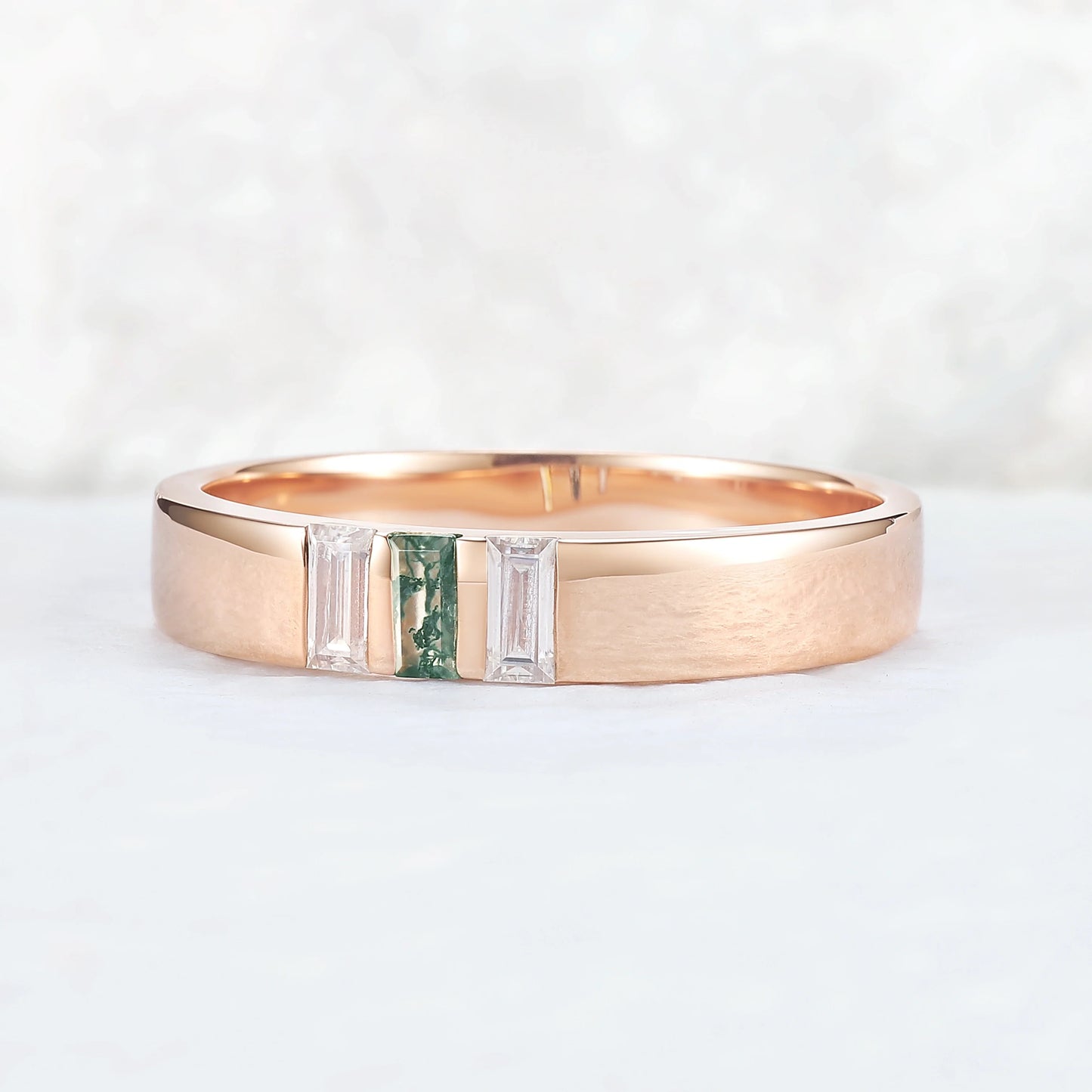 Mens Three Stones Wedding Band with Baguette Cut Moss Agate Inlay