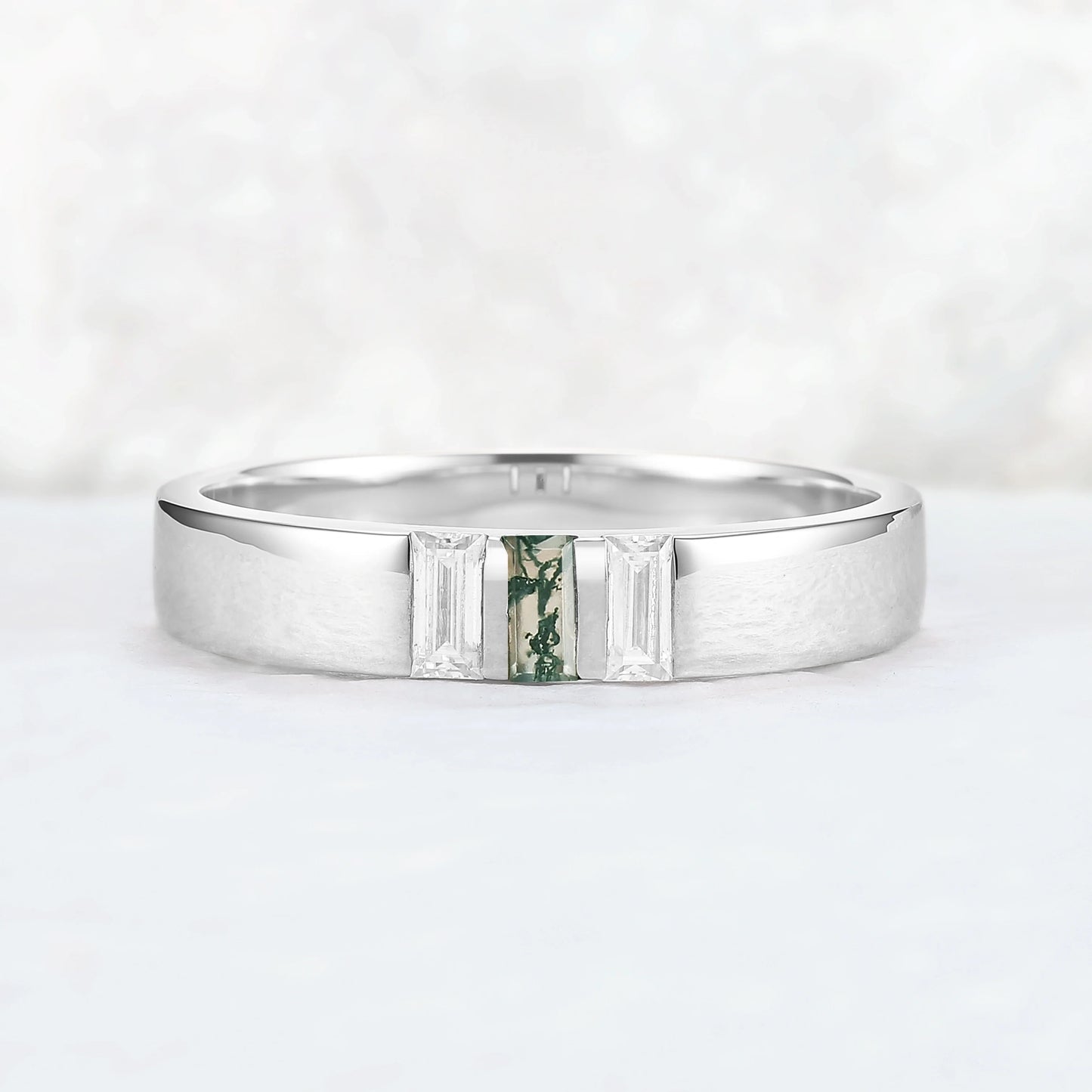 Mens Three Stones Wedding Band with Baguette Cut Moss Agate Inlay