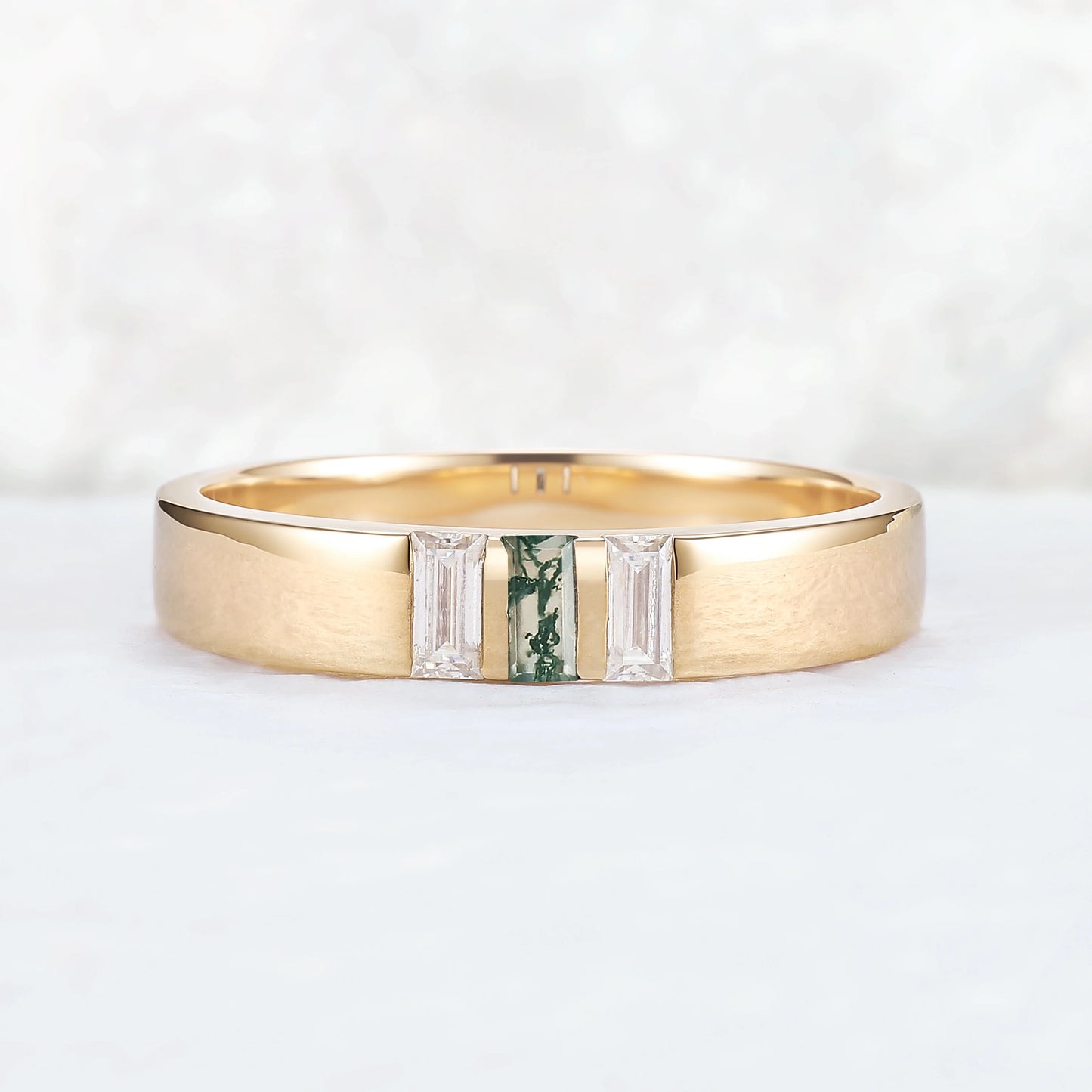 Mens Three Stones Wedding Band with Baguette Cut Moss Agate Inlay