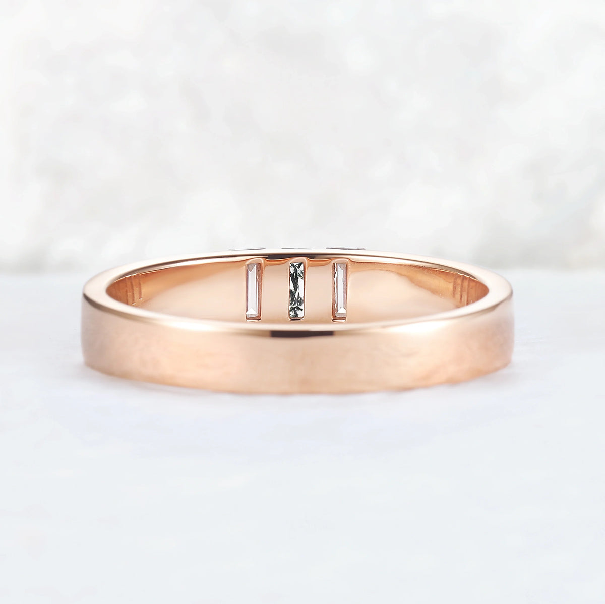 Mens Three Stones Wedding Band with Baguette Cut Moss Agate Inlay