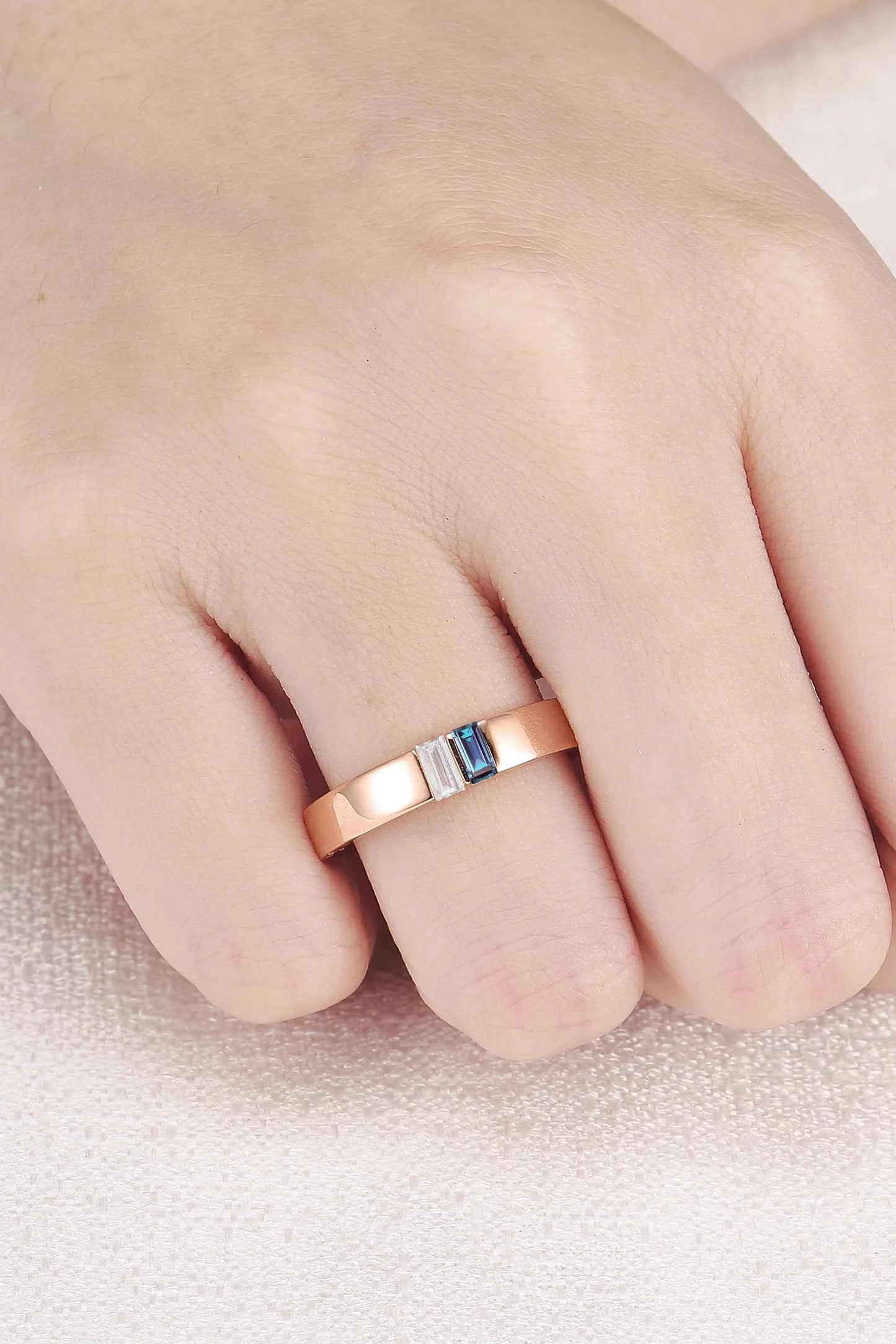 Mens Two Stones Wedding Band with Baguette Cut Alexandrite Inlay
