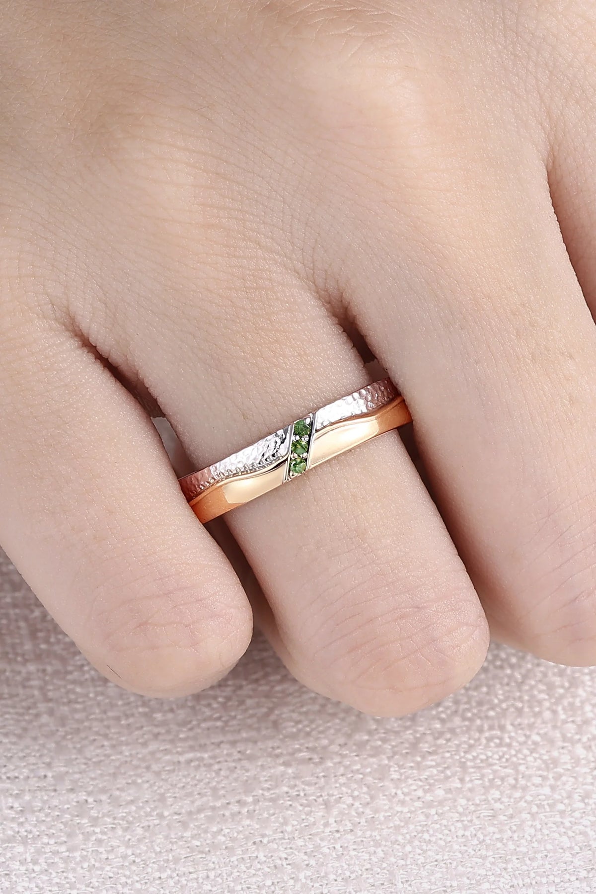 Mens Two Tone Wedding Band with Three Moss Agate Stone Inlay