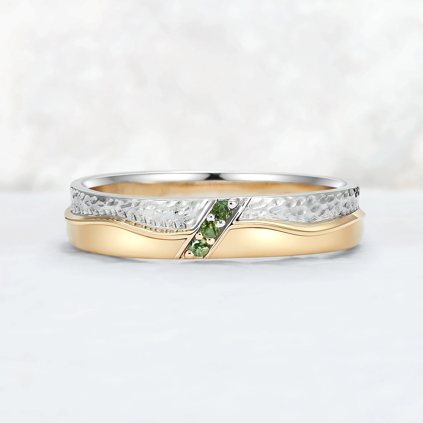 Mens Two Tone Wedding Band with Three Moss Agate Stone Inlay