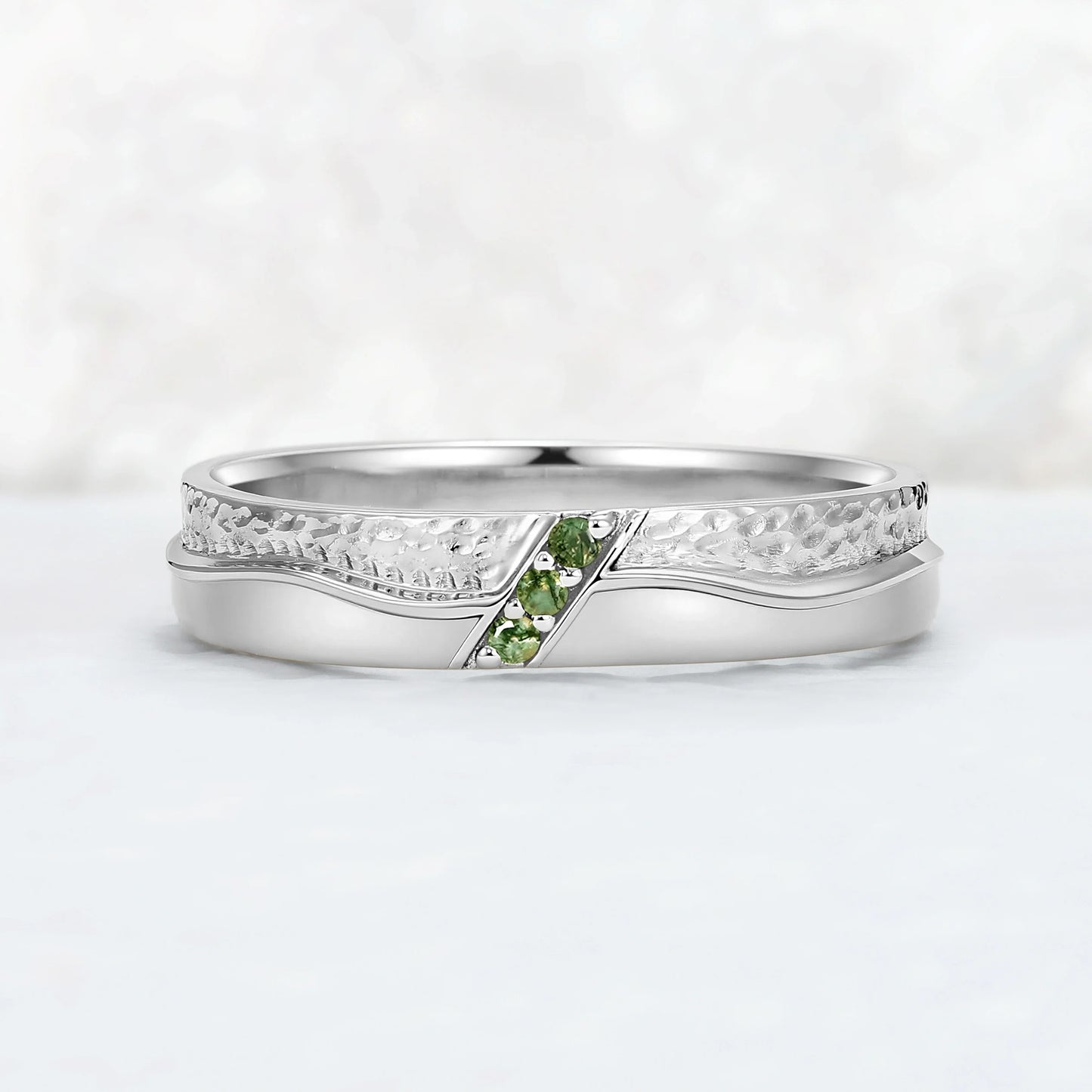 Mens Two Tone Wedding Band with Three Moss Agate Stone Inlay