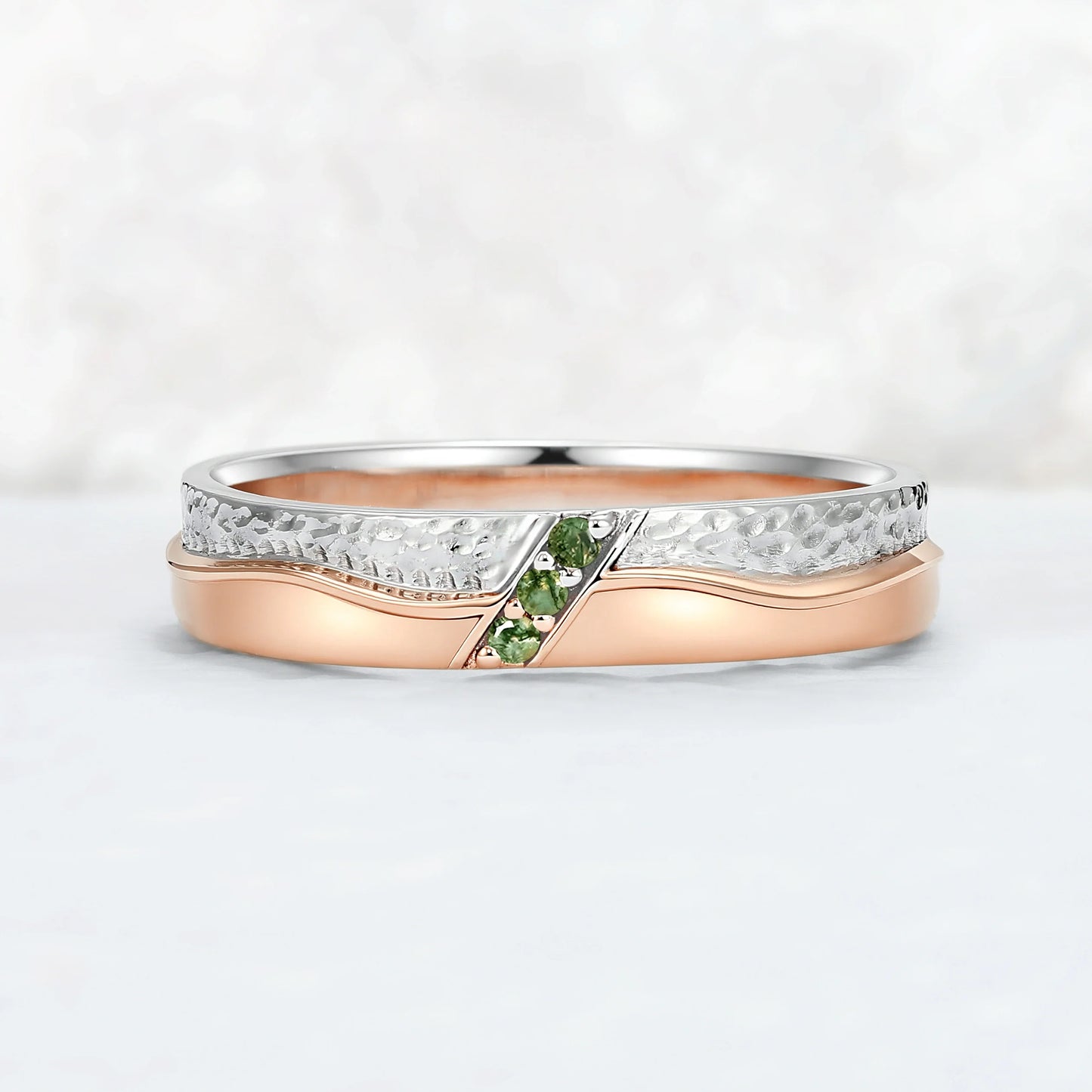 Mens Two Tone Wedding Band with Three Moss Agate Stone Inlay