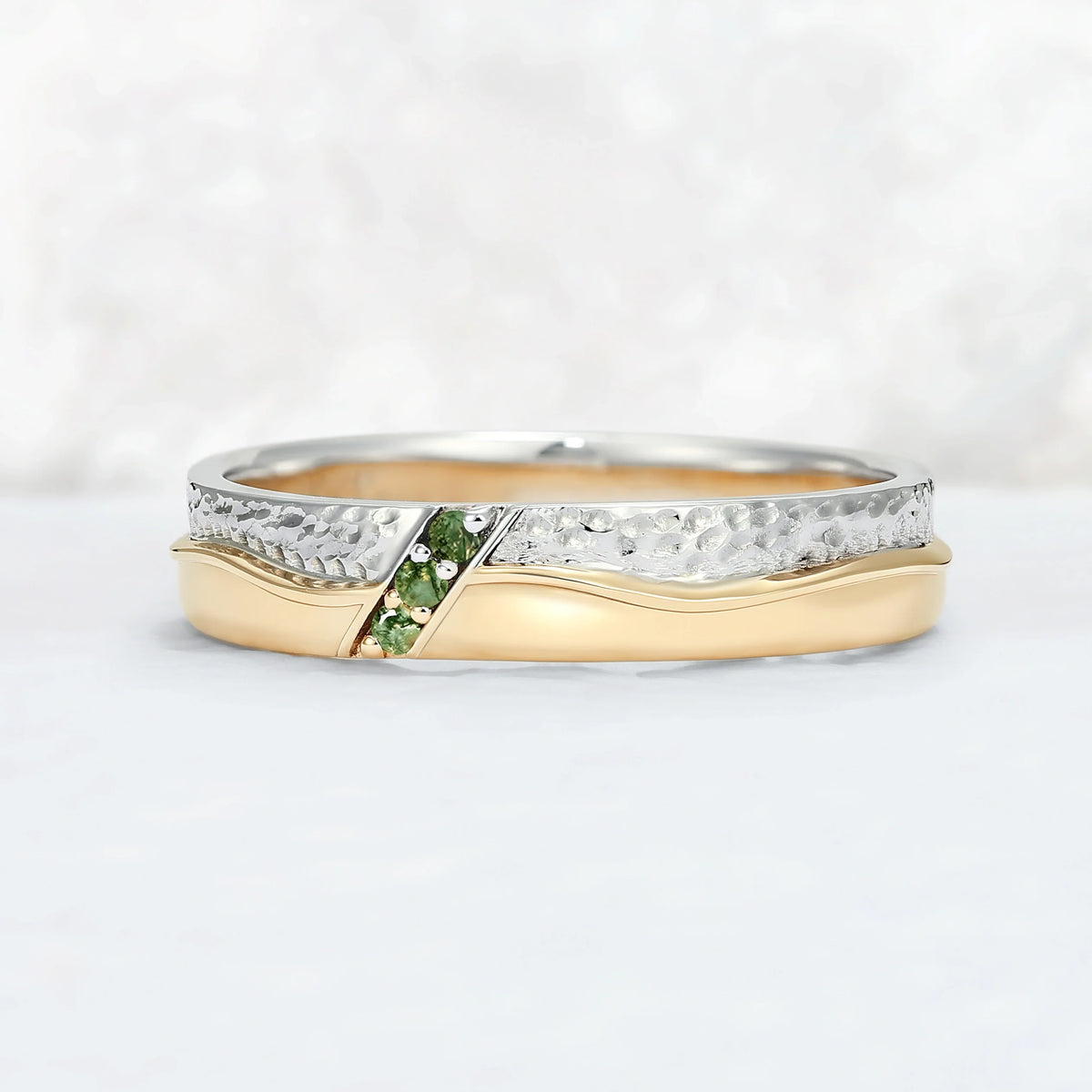 Mens Two Tone Wedding Band with Three Moss Agate Stone Inlay
