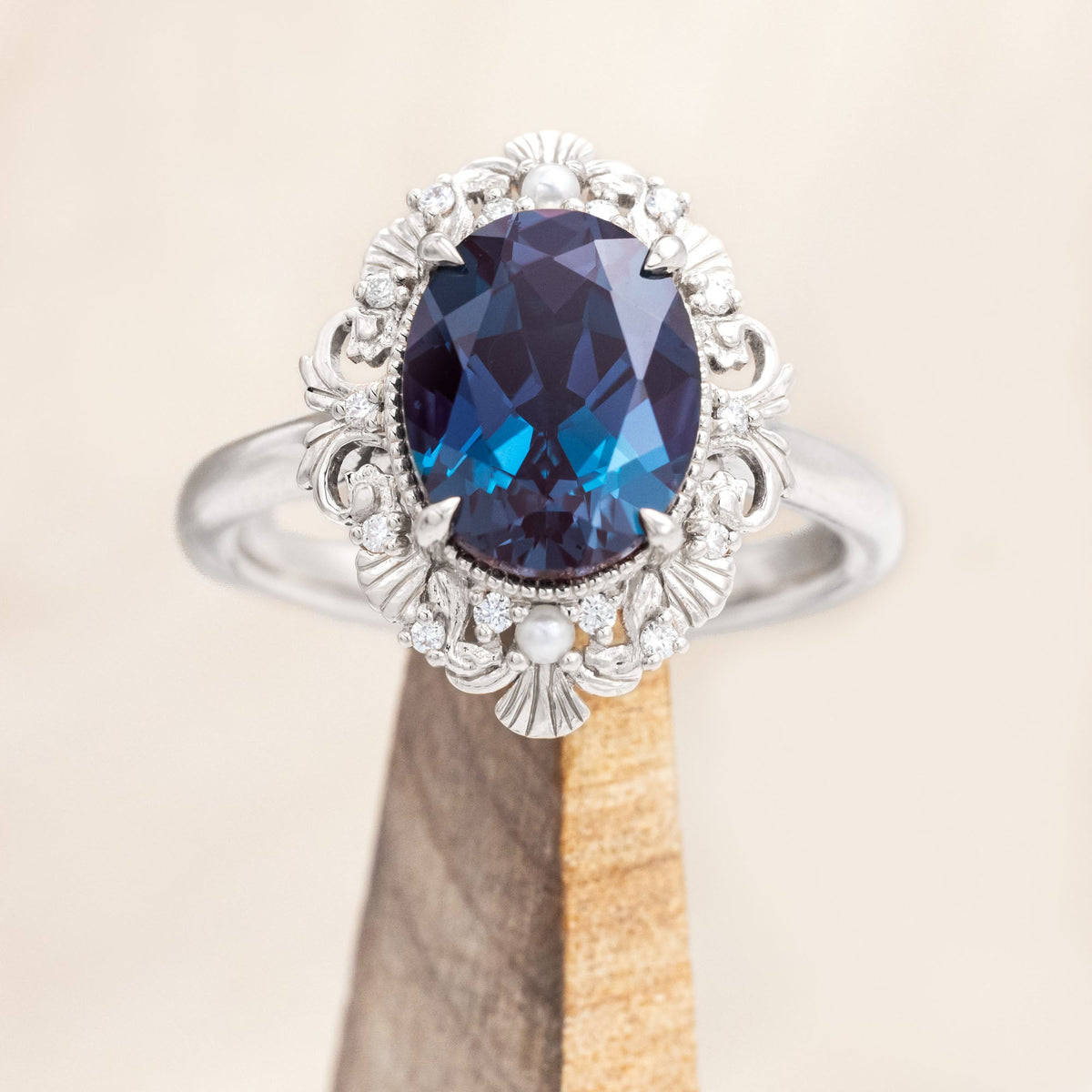 "Merrow" - Lab-Grown Alexandrite Engagement Ring With Pearl Accents And Diamond Tracer