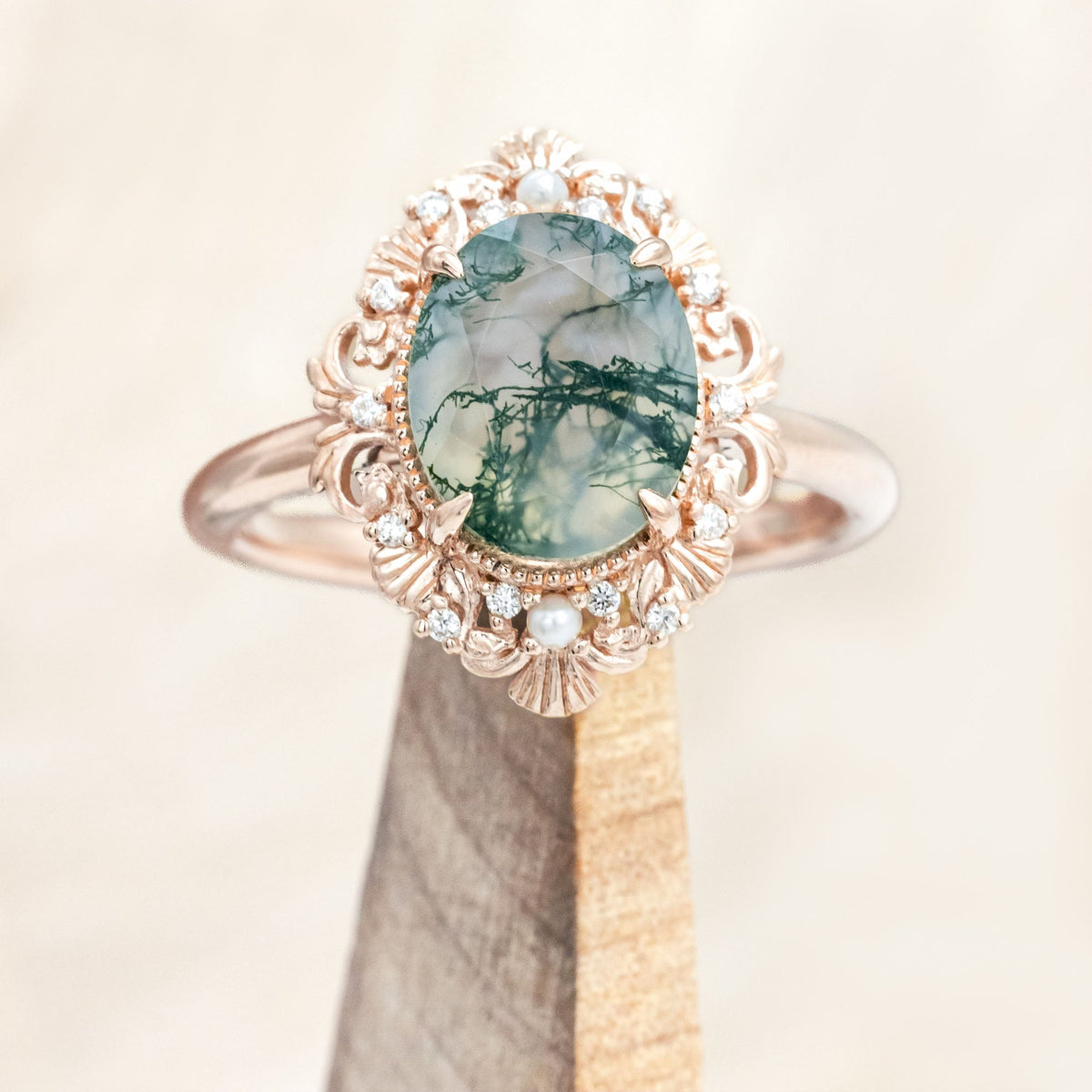 "Merrow" - Oval Cut Moss Agate Engagement Ring With Pearl Accents And Diamond Tracer