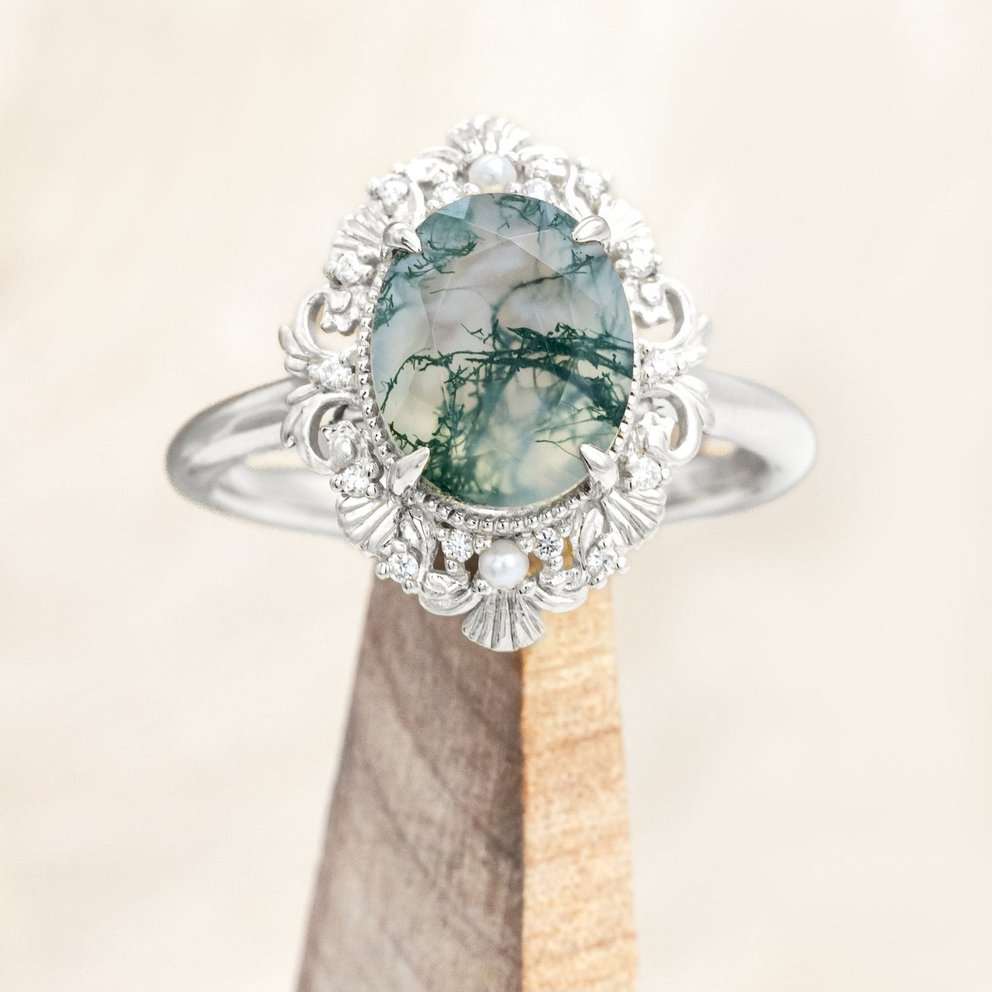 "Merrow" - Oval Cut Moss Agate Engagement Ring With Pearl Accents And Diamond Tracer