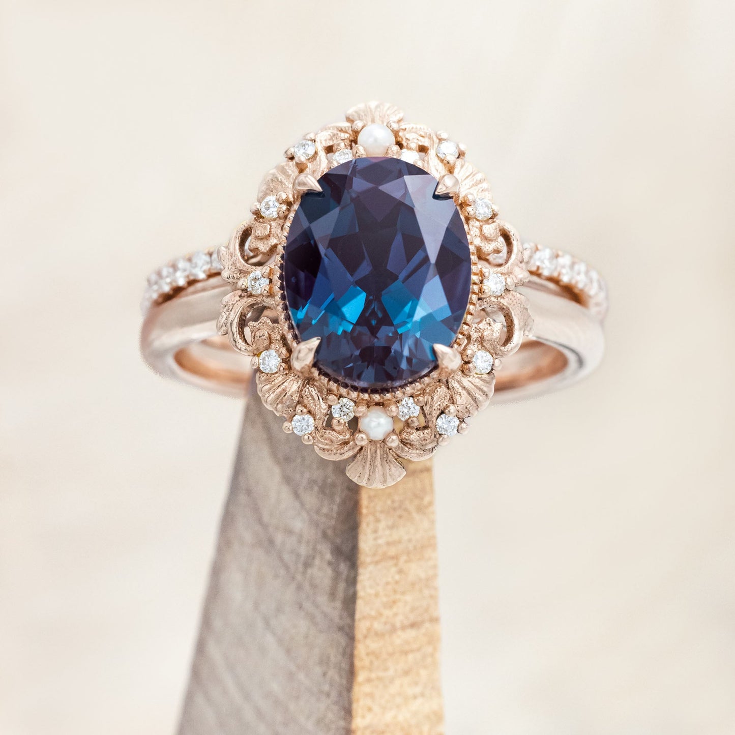 "Merrow" - Lab-Grown Alexandrite Engagement Ring With Pearl Accents And Diamond Tracer