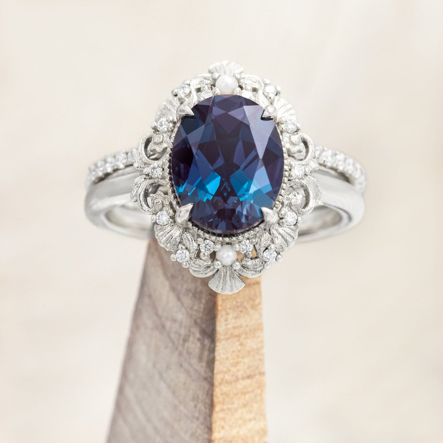 "Merrow" - Lab-Grown Alexandrite Engagement Ring With Pearl Accents And Diamond Tracer