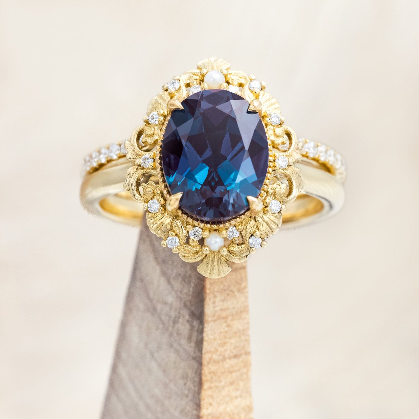"Merrow" - Lab-Grown Alexandrite Engagement Ring With Pearl Accents And Diamond Tracer