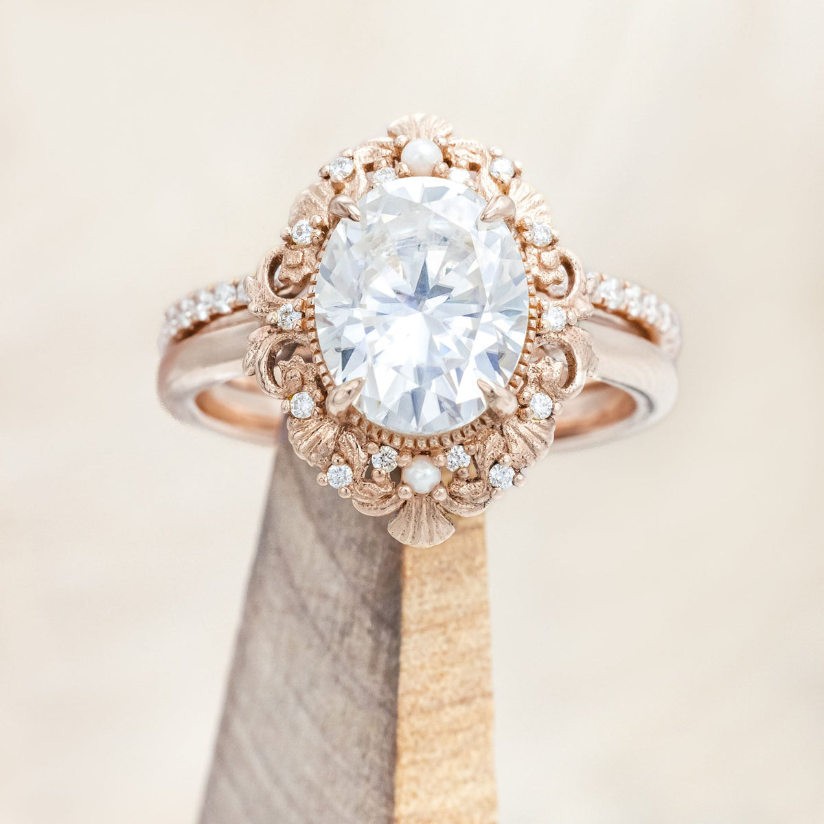 "Merrow" - Moissanite Engagement Ring With Pearl Accents And Diamond Tracer