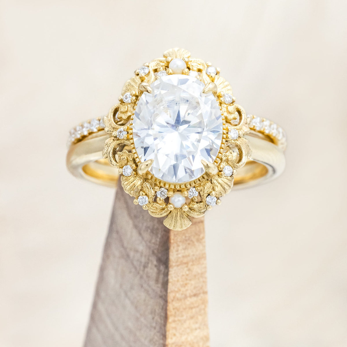 "Merrow" - Moissanite Engagement Ring With Pearl Accents And Diamond Tracer