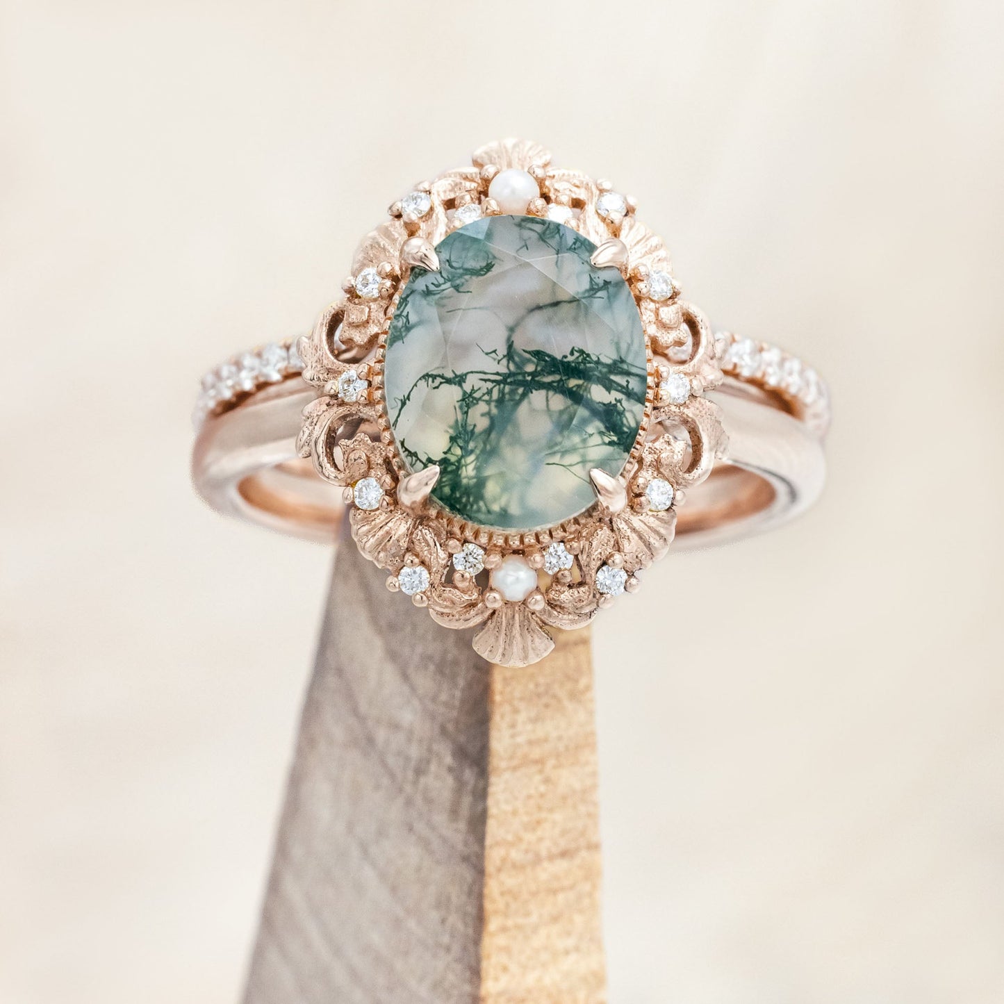 "Merrow" - Oval Cut Moss Agate Engagement Ring With Pearl Accents And Diamond Tracer