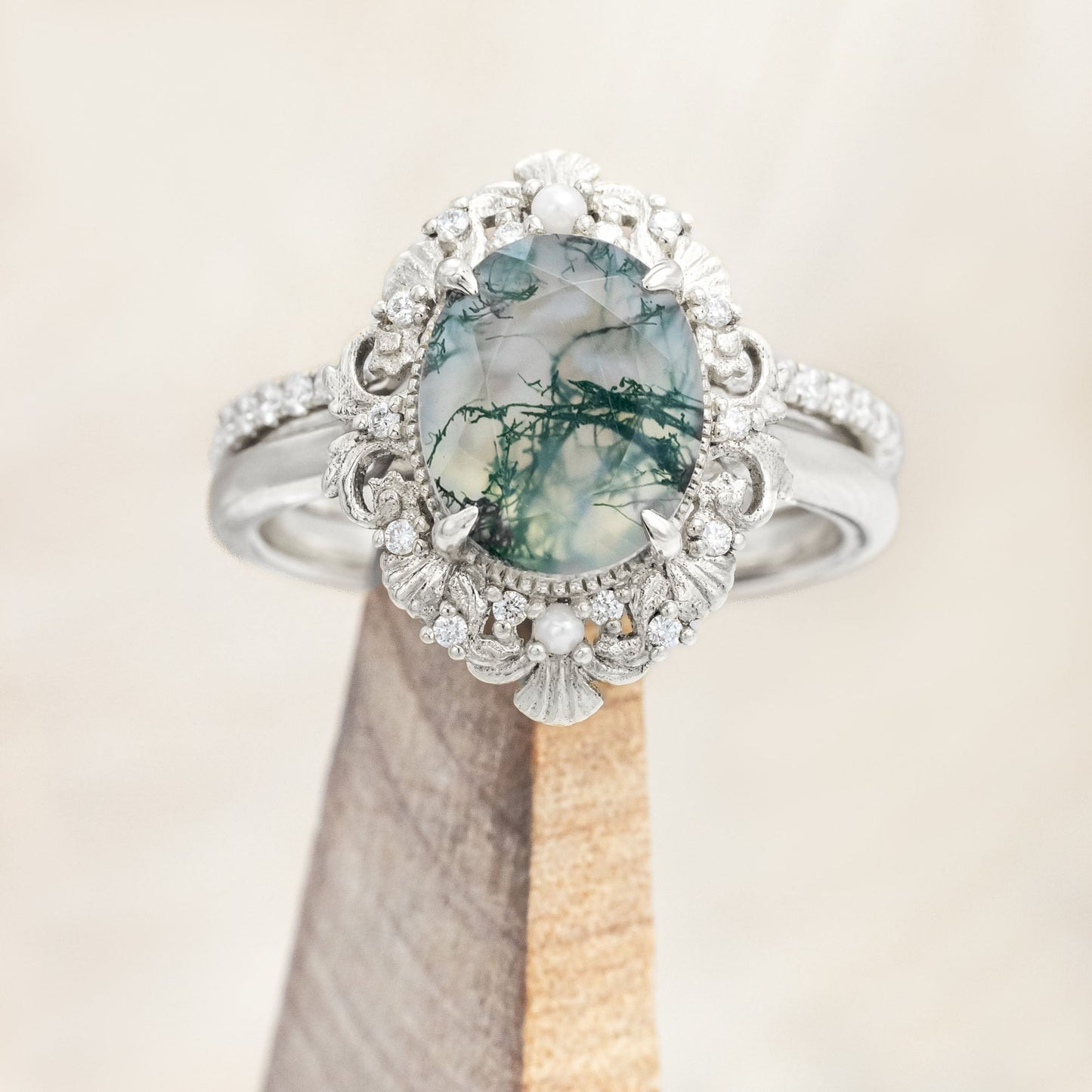 "Merrow" - Oval Cut Moss Agate Engagement Ring With Pearl Accents And Diamond Tracer